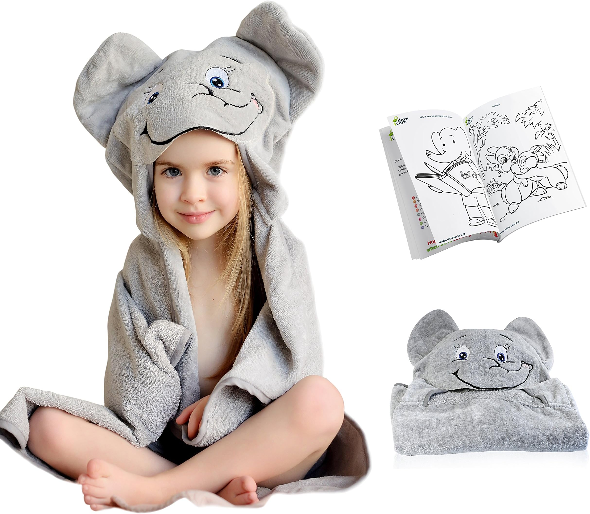 Elephant Hooded Towel for Kids, 100% Natural Cotton, Large Baby Bath Towel with Elephant Hood, Super Cuddly Velour and Organic Terry 2 Side Design + Bonus Coloring Book for Kids by Dare4Care