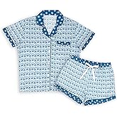 DEMDACO Indigo Blue Blooming Flower Mosaic Pattern Women's Soft Knit Rayon Blend Short Sleeve Button-Up Top & Drawstring Shorts, 2 Piece Pajama Set, X-Large