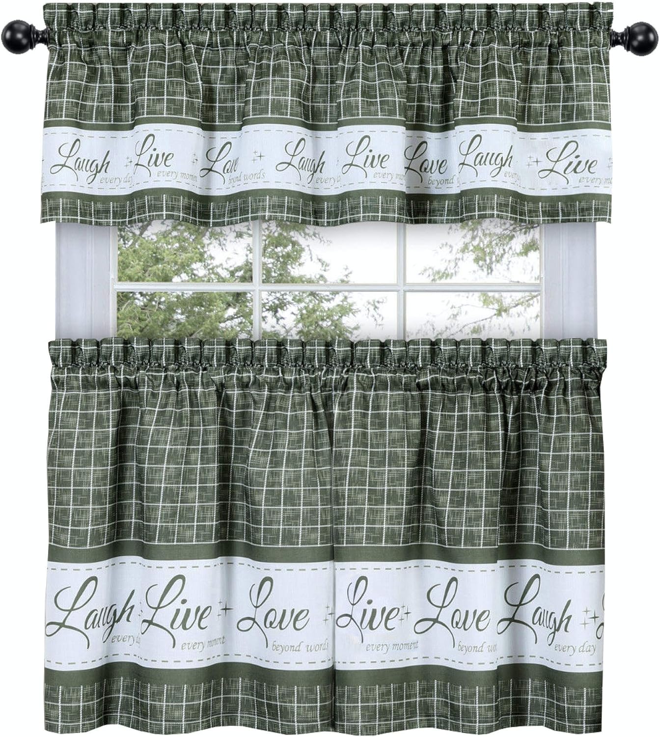 GoodGram Country Gingham Check Live~Laugh~Love 3 Pc. Café Plaid Kitchen Curtain Set - Assorted Colors & Sizes (Sage, 36 in. L)