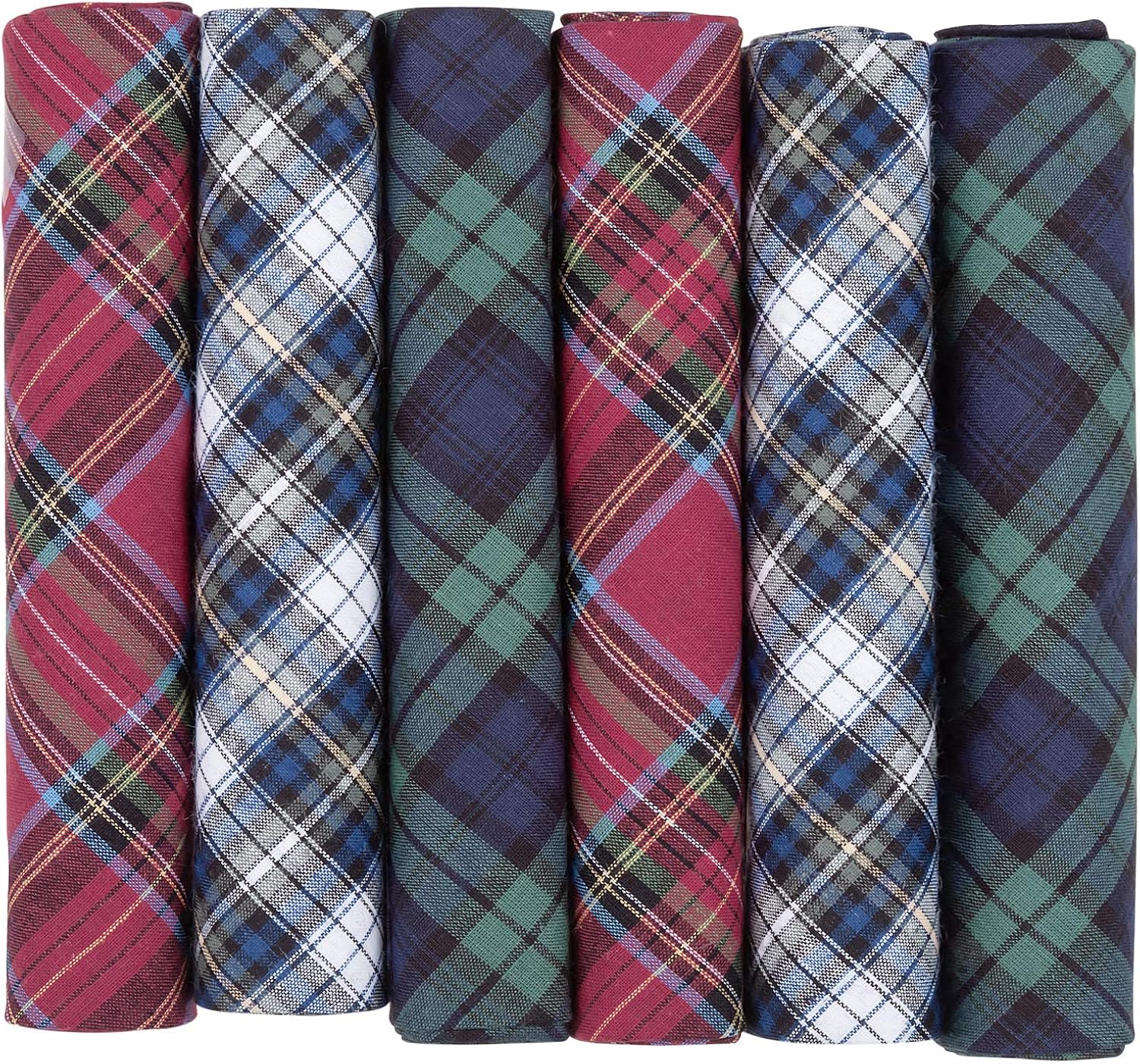 Box of 6 Tartan Handkerchiefs for Men Mixed Colours Including Red and Blue Green Mens Plaid 100% Cotton Hankies