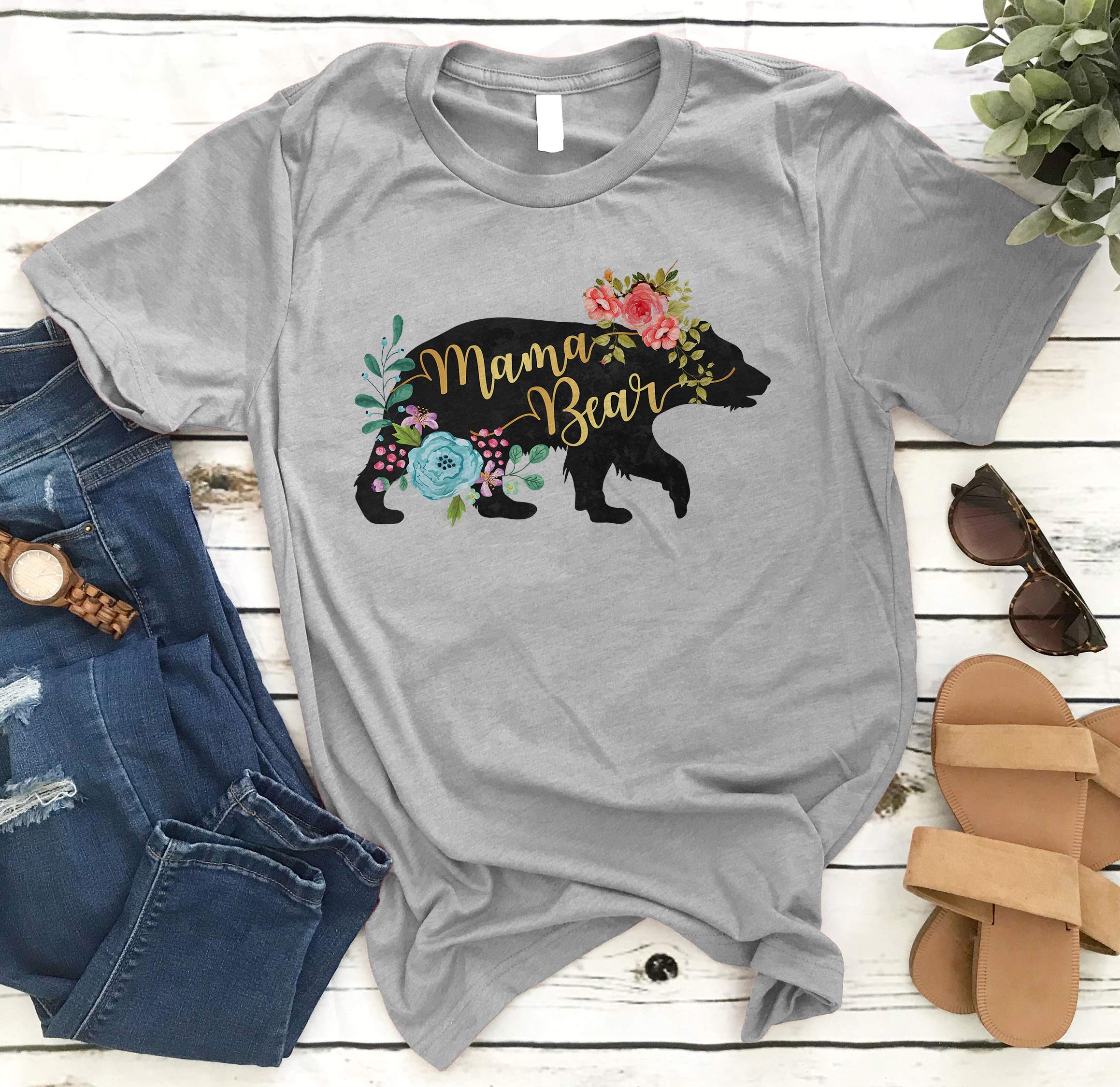 Retro Vintage Mama Bear, Glitter Gold, Mother's Day Gifts, Mama Bear Floral Tee, Mom Graphic Unisex T Shirt