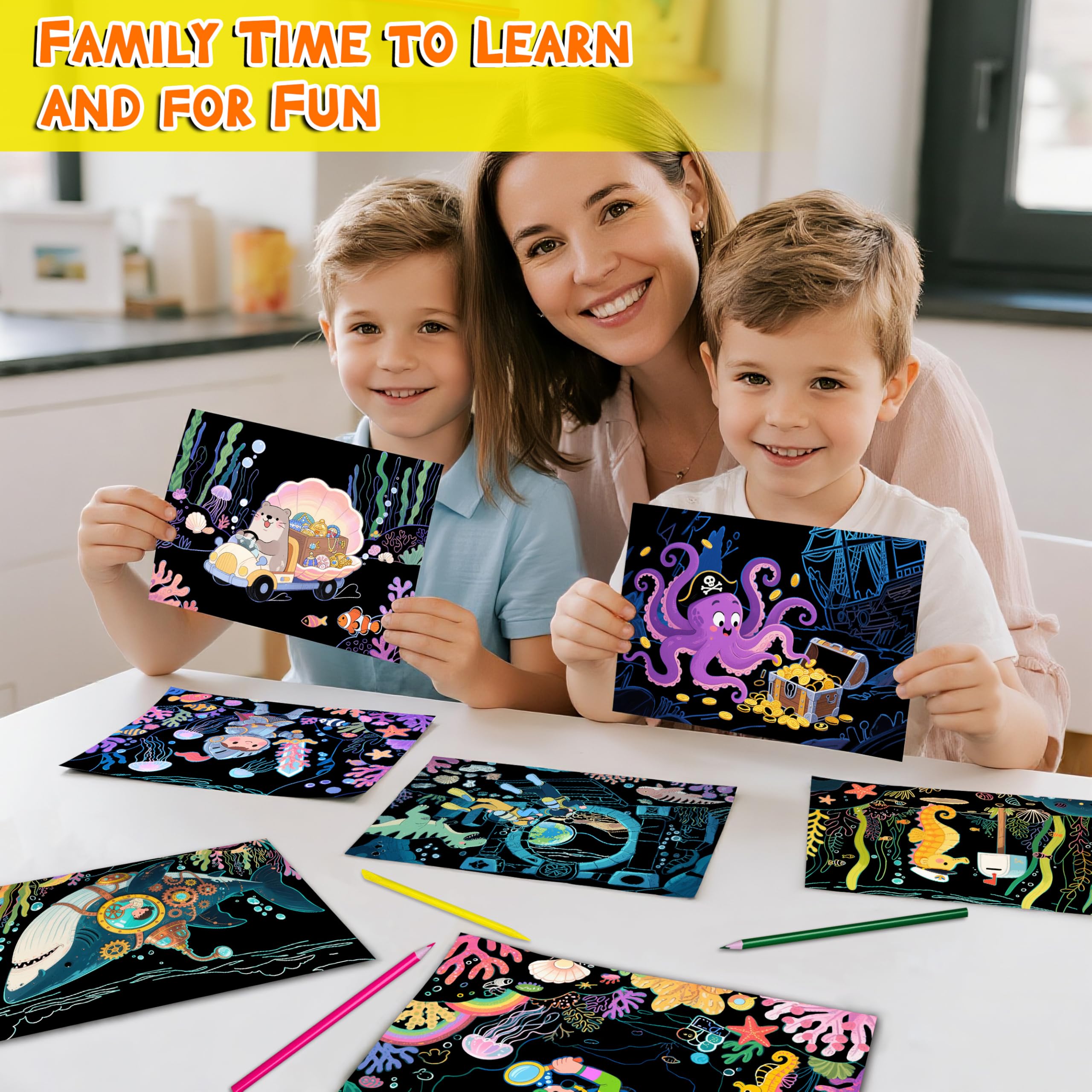 KSIWRE 15PCS Magic Scratch Paper Art Set, Underwater World Adventure Theme Drawing Art Book with Scrach Pen