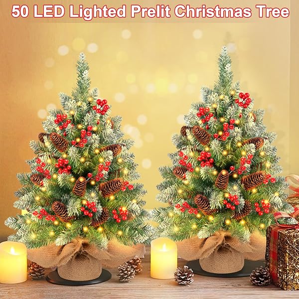 2 PACK 24 INCH SNOW FLOCKED PRELIT CHRISTMAS TREE DECOR WITH 50 WARM LIGHTS RED BERRIES PINE CONES, ARTIFICIAL TABLETOP CHRISTMAS TREE BATTERY OPERATED SMALL XMAS PINE TREE FOR TABLE DESK HOME DECOR