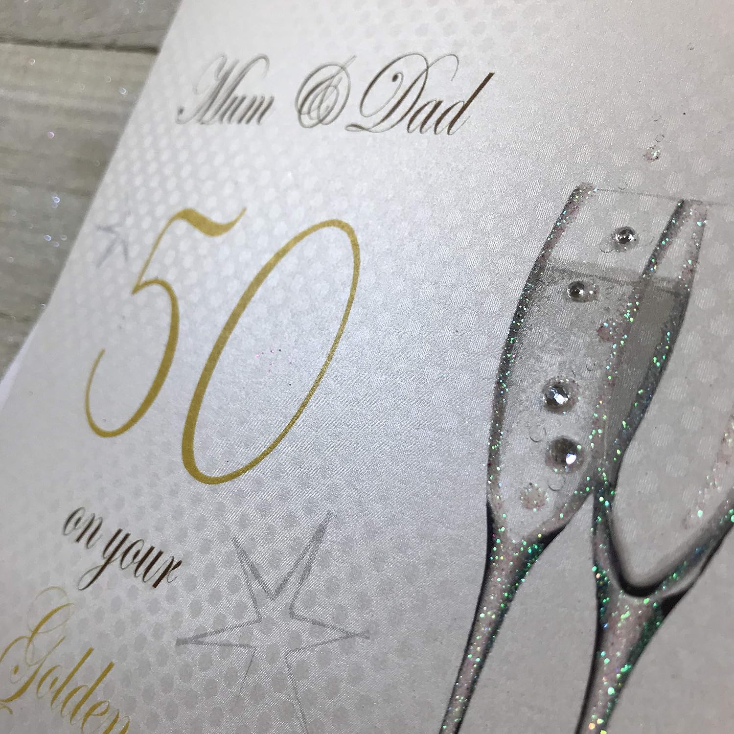 WHITE COTTON CARDS Champagne Flutes Mum & Dad On Your Golden Handmade 50th Anniversary Card, White, P50M,16cm x 16cm - Image 4