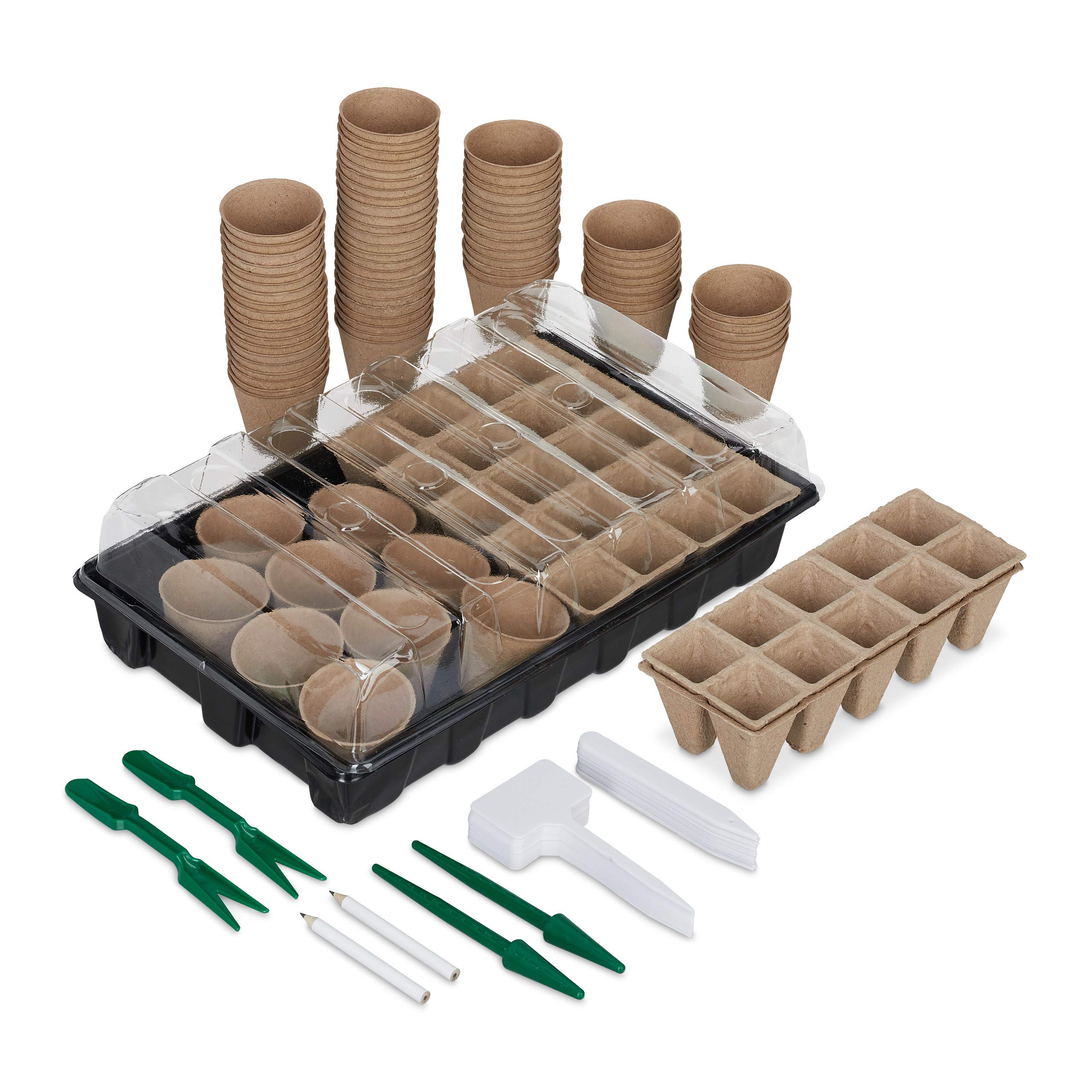 Relaxdays Propagation Set 131 Pieces for Plants, Propagator Box with Propagation Pots, Dibber Tool & Plant Signs, Black
