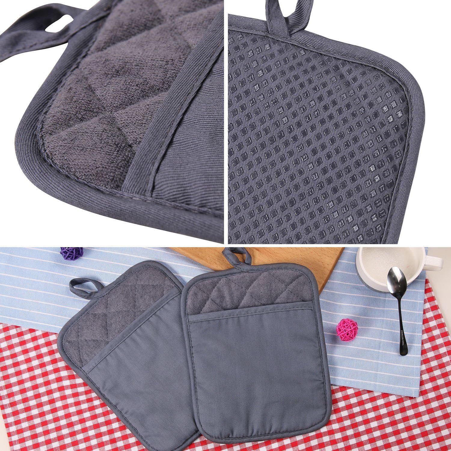100% Cotton with Silicone Kitchen Everyday Basic Pot Holder Heat Resistant Coaster Potholder Oven Mitts with Pocket for Cooking and Baking Set of 2 Grey: Home & Kitchen