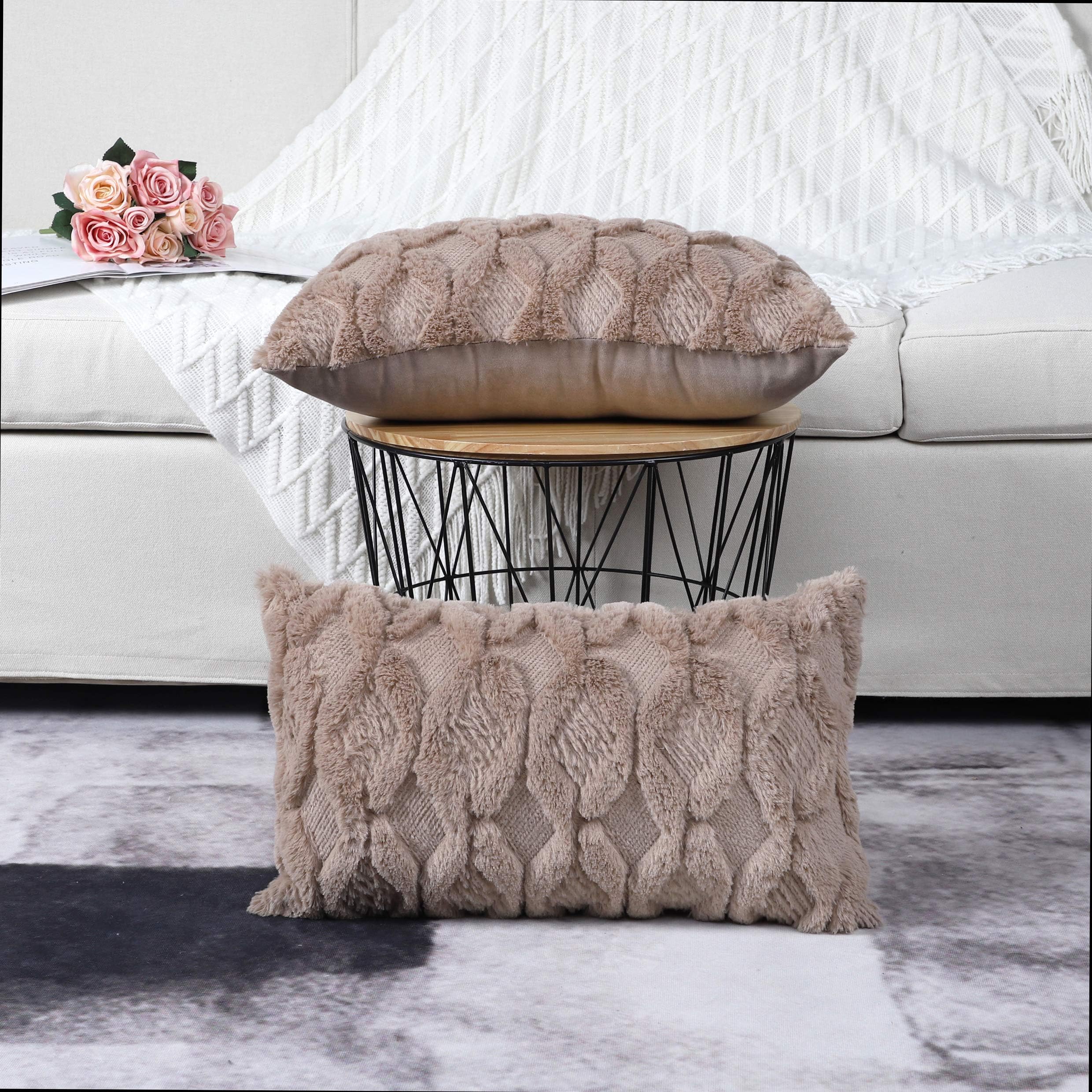 Madizz Pack of 2 Soft Plush Short Wool Velvet Decorative Throw Pillow Covers Luxury Style Cushion Case Pillow Shell for Sofa Bedroom Light Brown 12x20 inch Rectangular