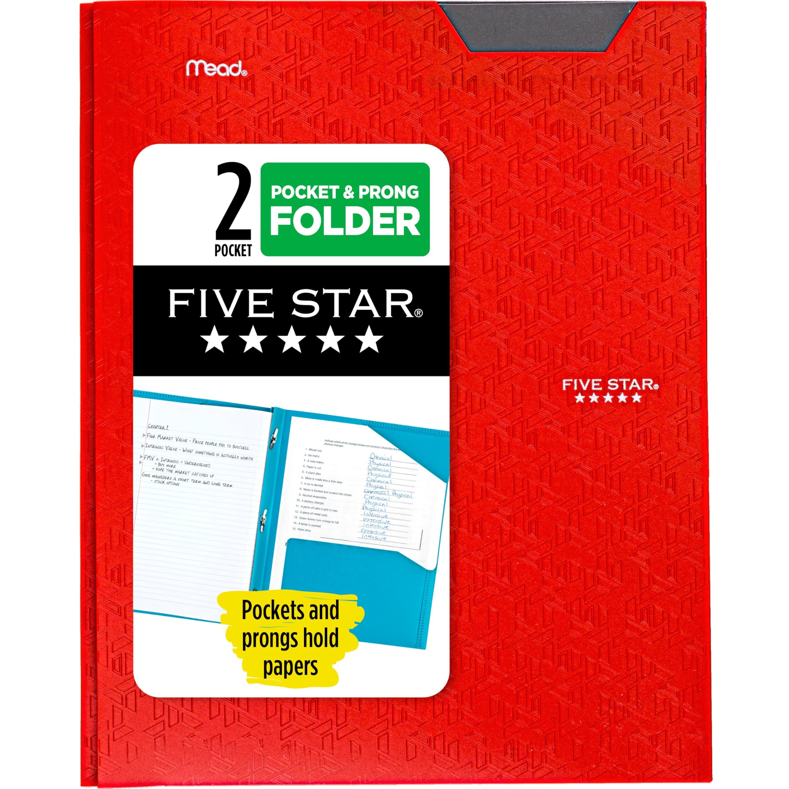 Photo 1 of Five Star 2-Pocket Folder, Plastic Folder with Stay-Put Tabs and Prong Fasteners, Holds 8-1/2" x 11" Paper, Fire Red (72109)