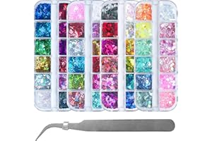 LoveOurHome 4 Boxes Holographic Nail Glitters Sequins Set Iridescent Heart Alphabet Letter Star Chunky Glitter Flakes Acrylic Nail Art Tips Stickers Decorations for Craft/Resin Art/Makeup
