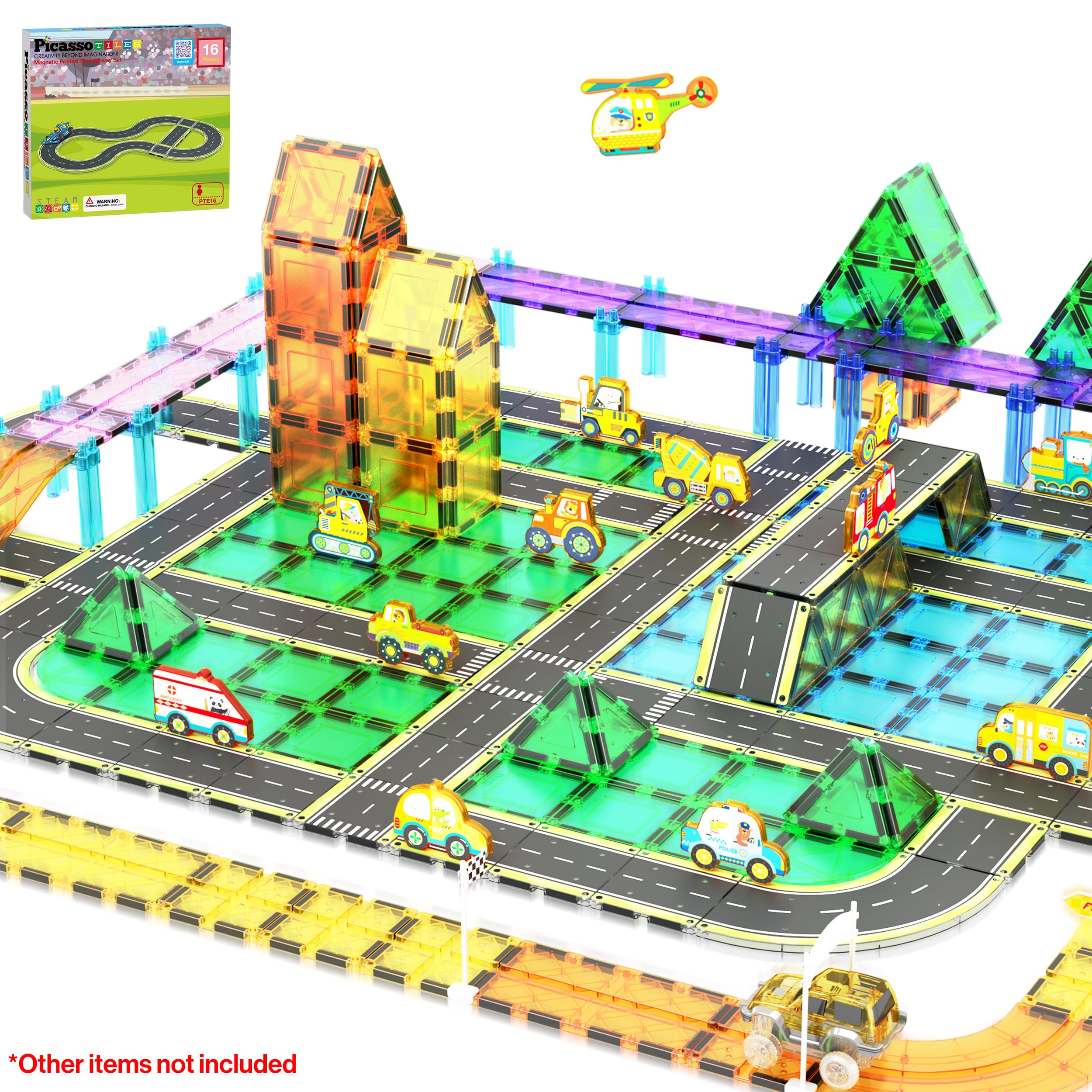 PicassoTiles Magnetic Building Tiles Car Track Magnet Vehicle Adventure Theme Printed Street Road Runway Speedway Highway Block Construction Expansion Add-on Education Learning Toys for Kids 3+ PTE16