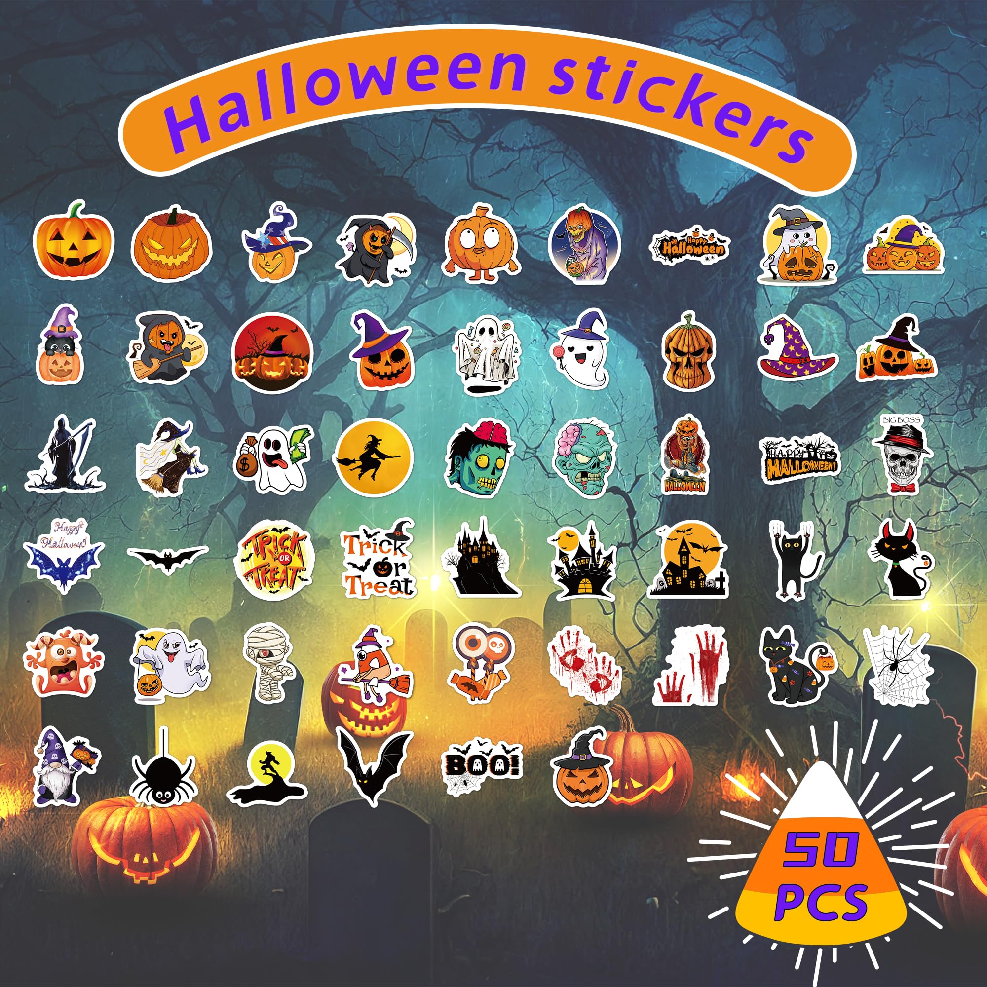 Non-Repeating Halloween Stickers, Halloween Party Favors,Vinyl Waterproof Holiday Party Stickers, Kids and Youth Adult Party Favors Gifts Crafts- Halloween Decorations