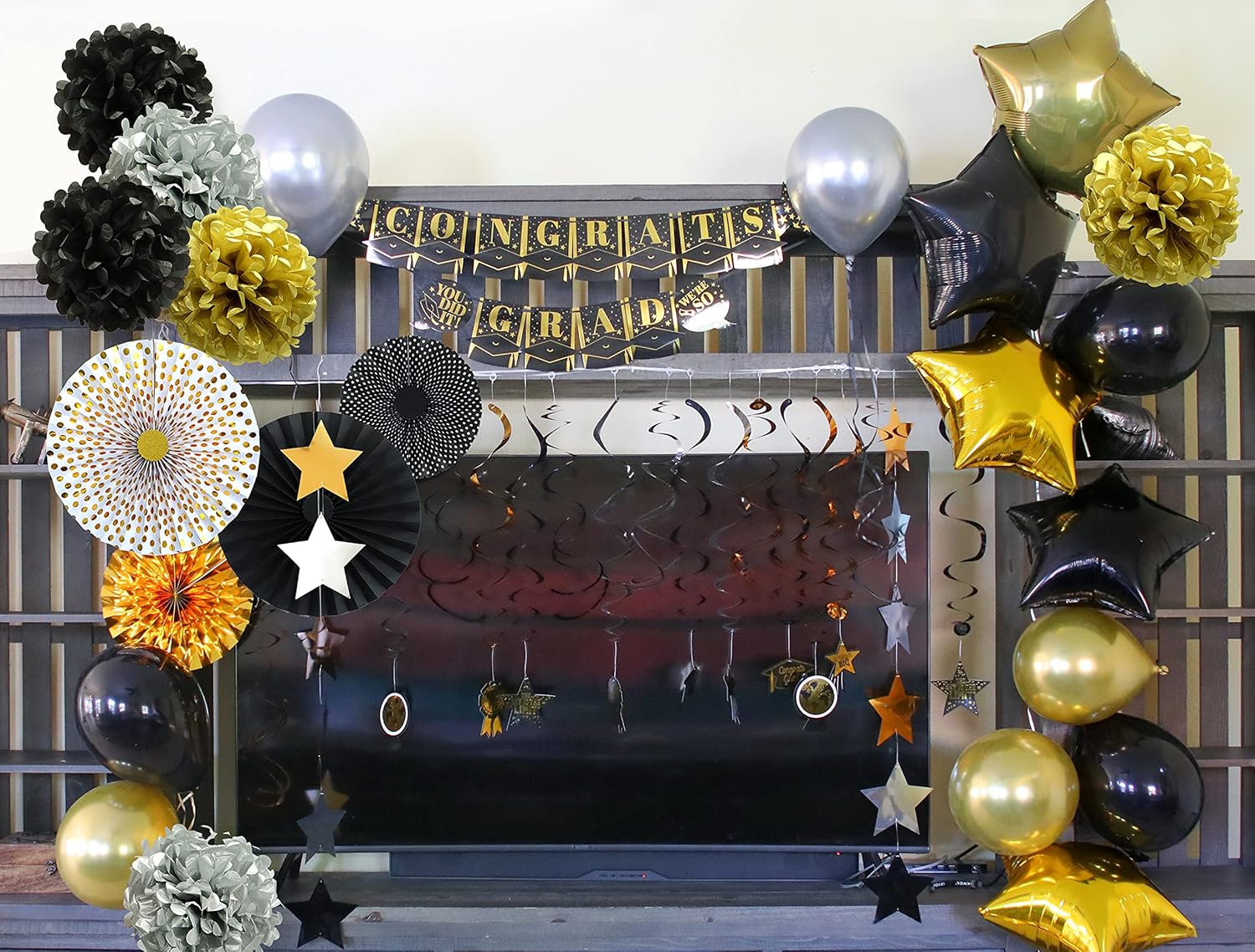 JOYIN 19 Pcs 2021 Graduation Decoration Set Includes 1 Congrats Grad Banner and 18 pcs Hanging Swirls Strings, Black Gold Graduation Party Decoration, Graduation Party Supplies: Toys & Games