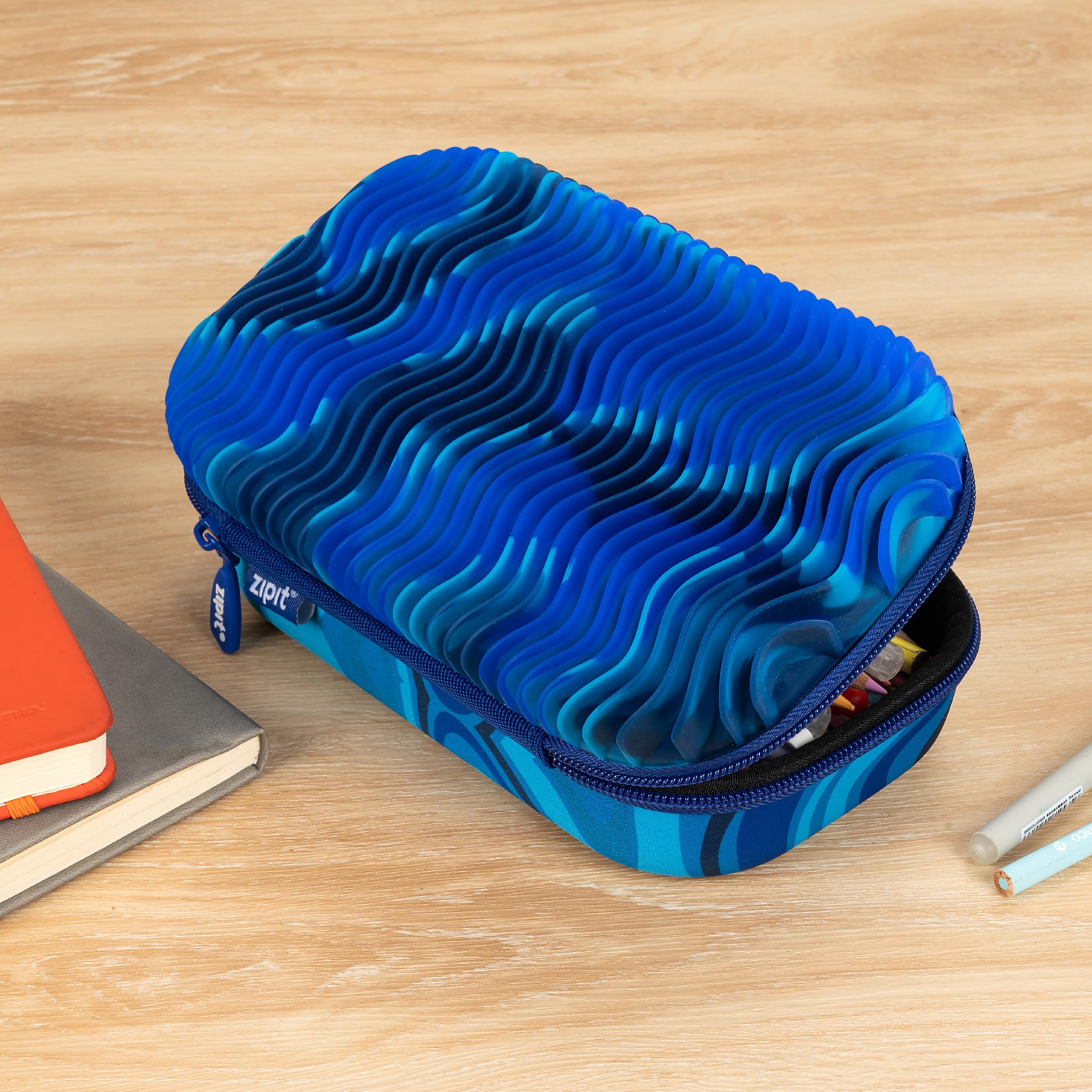 ZIPIT Wavy Pencil Box for Boys | Fidget Box | Silicon Sensory Case | Large Capacity Pencil Case (Blue)