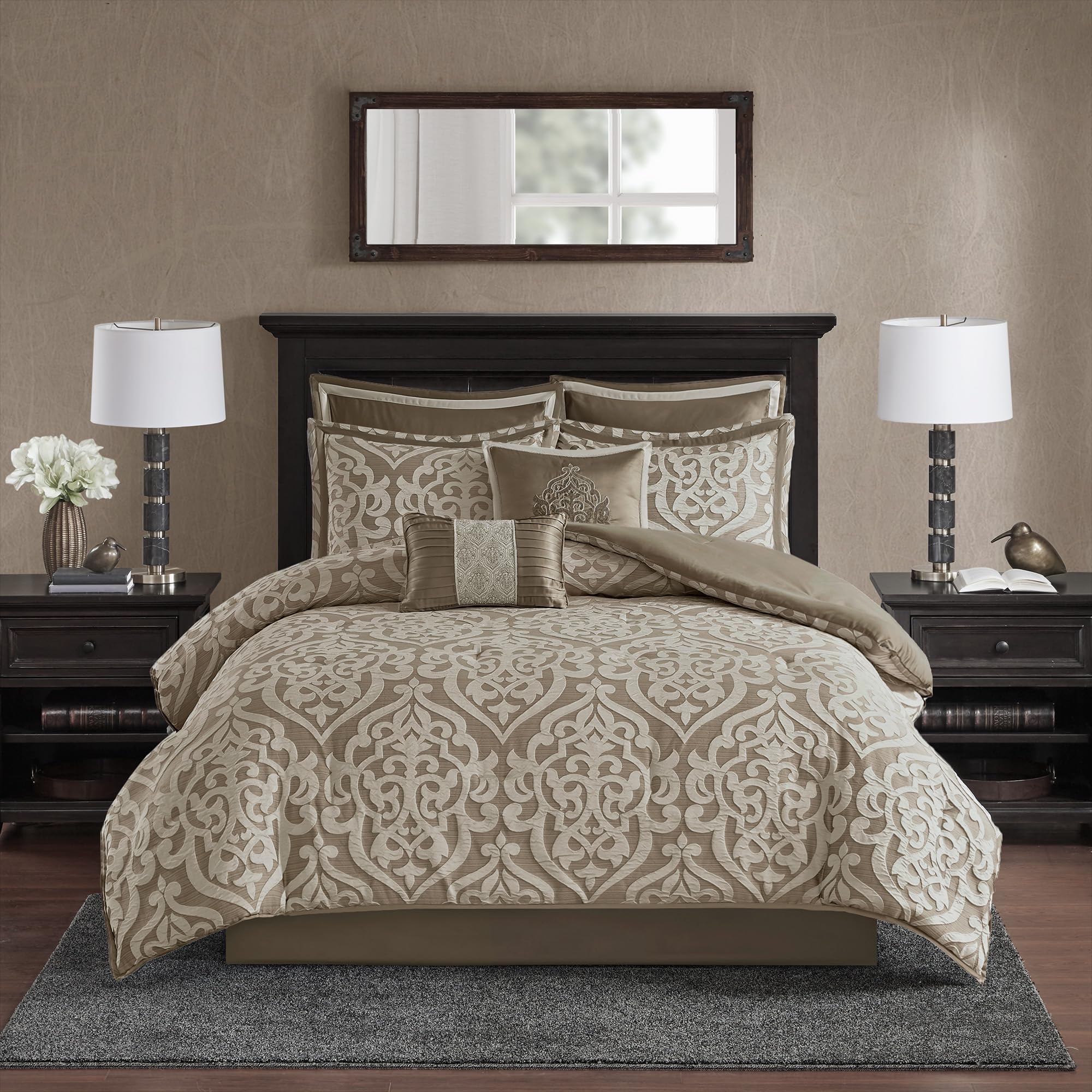 Madison Park Odette Cozy Comforter Set Jacquard Damask Medallion Design - Modern All Season, Down Alternative Bedding, Shams, Decorative Pillow, King(104 in x 92 in), Tan 8 Piece Image