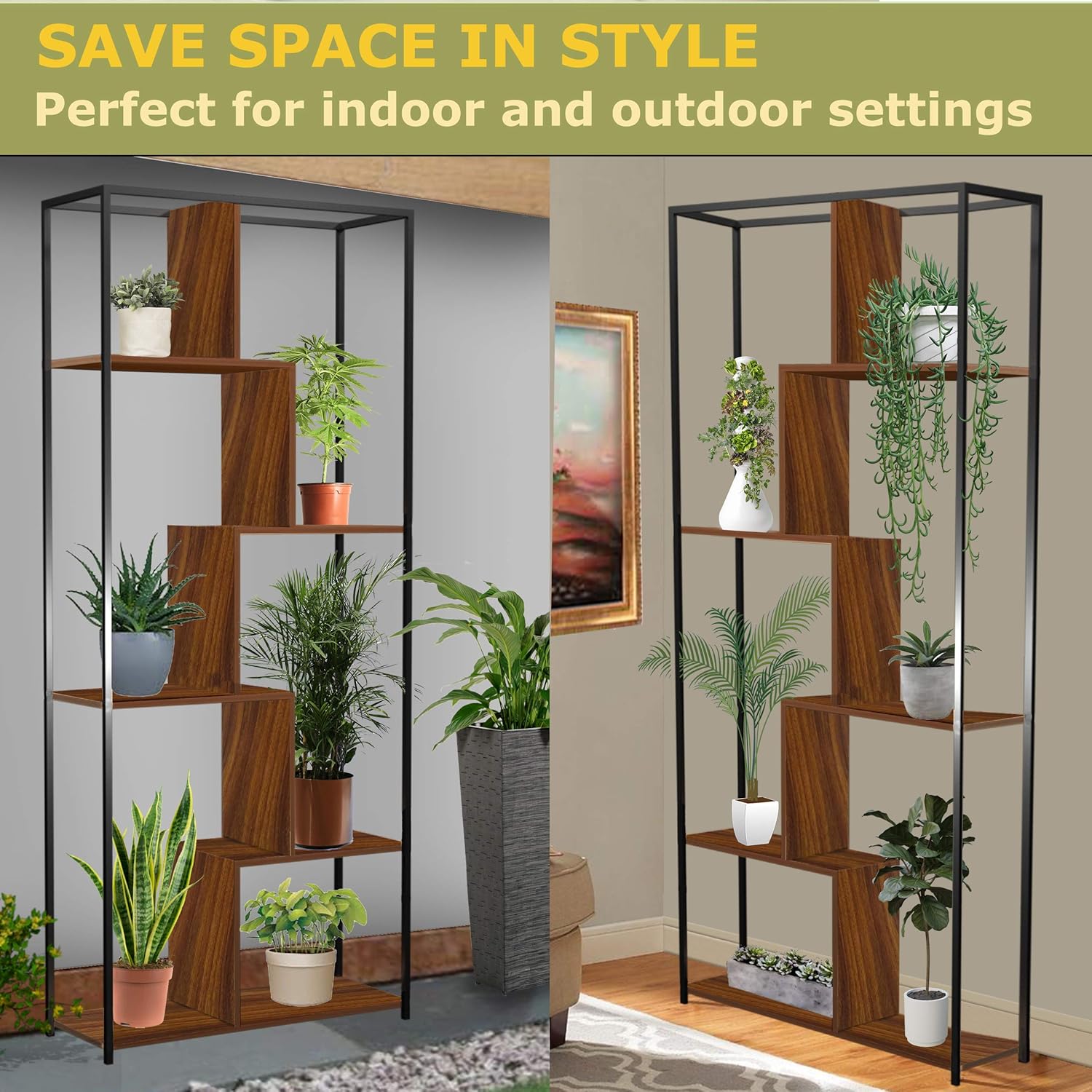 5 Tier Multishelf Storage Organizer Bookcase and Display Rack Brown Shelves with Black Steel Frame: Furniture & Decor