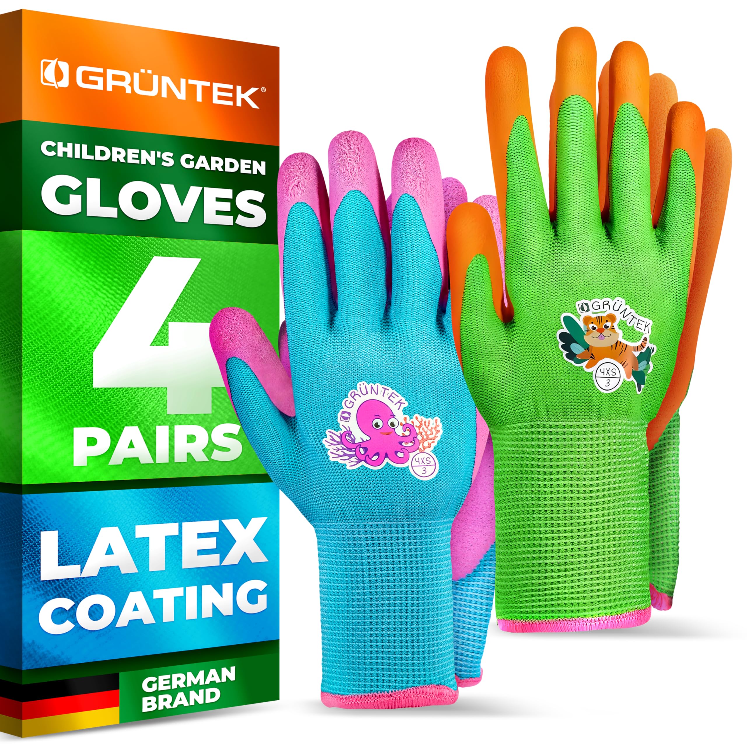 GRÜNTEK Kids’ Gardening Gloves – 4-Pair Set (Size 3 | 4XS) | Non-Slip Latex, BPA-Free, Breathable | EN 420 & EN 388 Safety-Certified