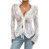 KWSTAIN Lace Tops for Women Long Sleeve See Through Sexy Sheer Mesh Crop Top Shirt Open Front Tie Blouse Ruffle for Women