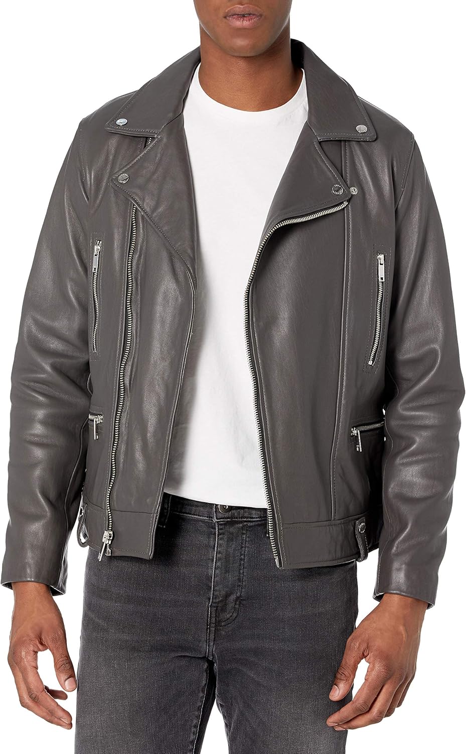 DKNY Men's Jonny Asymmetrical Leather Moto Coat, Grey, XXLarge Amazon