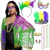 Simple polymer 9 Pcs Mardi Gras Shawl Scarf Costume with Feather Headband Earrings Beads Necklaces Mask Mardi Gras Gay Day for Mardi Gras Party