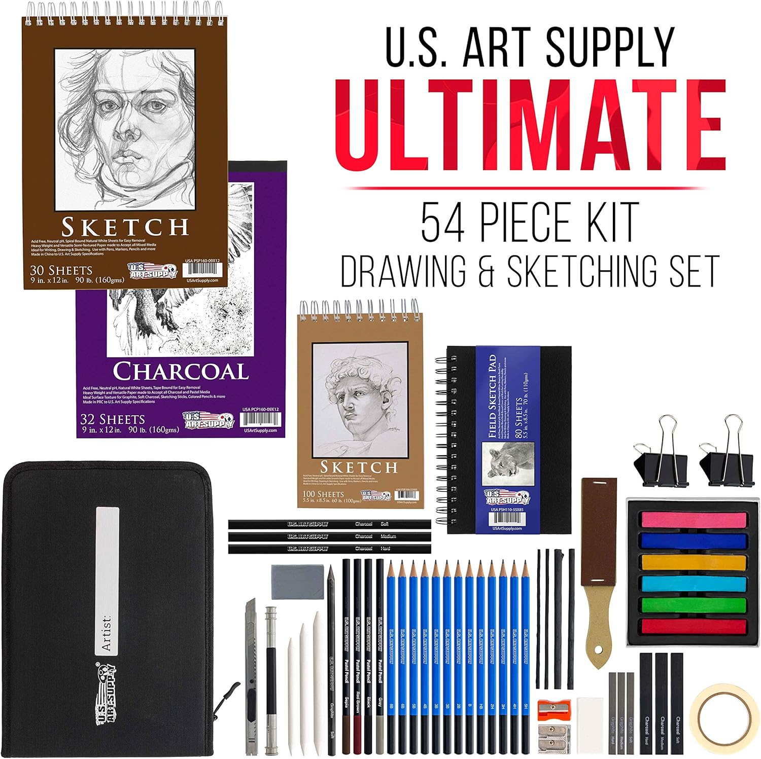 U.S. Art Supply 54-Piece Drawing & Sketching Art Set with 4 Sketch Pads (242 Paper Sheets) - Ultimate Artist Kit, Graphite and Charcoal Pencils & Sticks, Pastels, Erasers - Pop-Up Carry Case, Students : Office Products