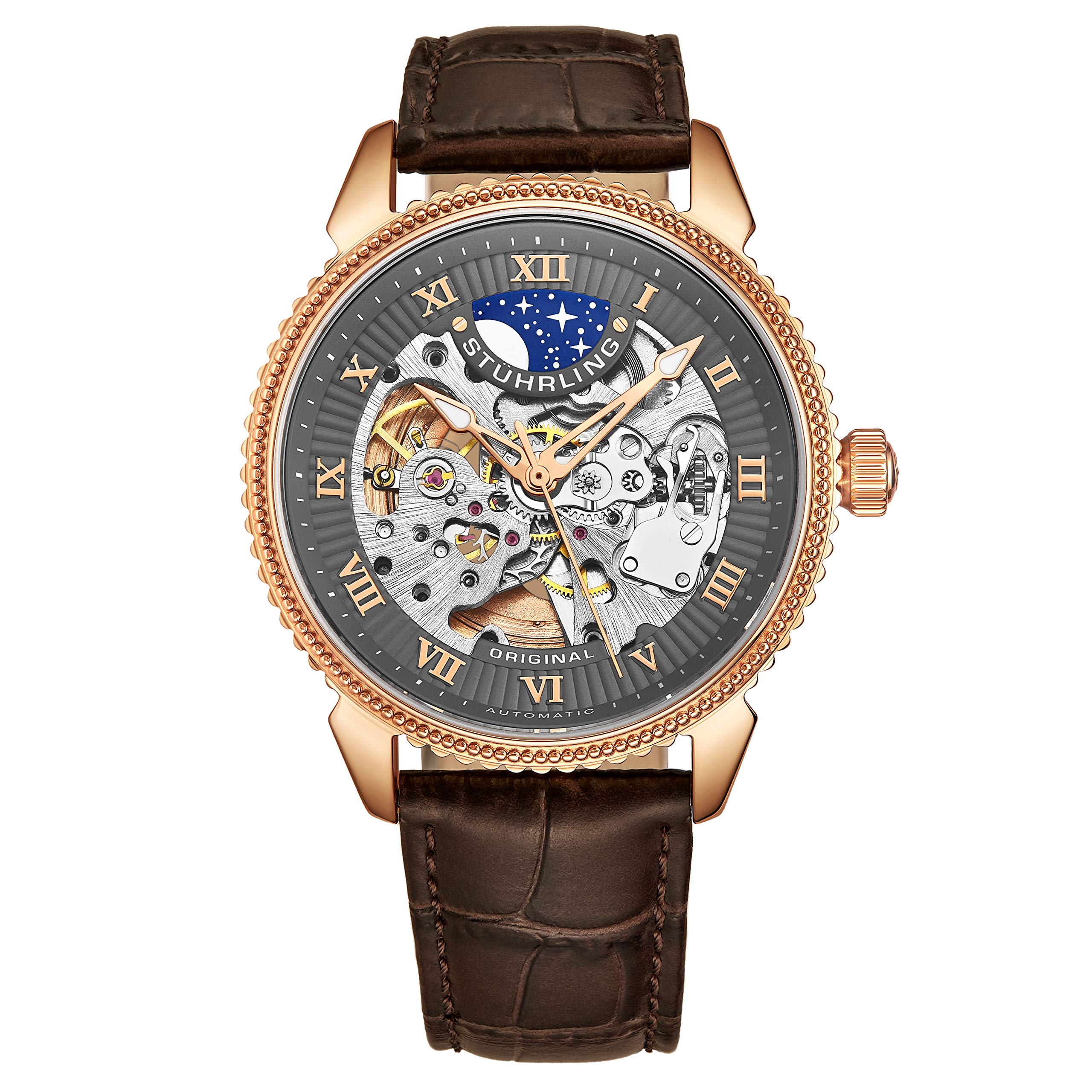 Stuhrling Original Men's Automatic Watch with Grey Dial Analogue Display and Brown Leather Strap 835.04