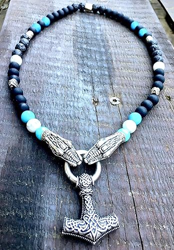 Wikinger Kette | Perlenkette mit Thors Hammer und Drachen-Verschlüssen | Rocker-Schmuck | Biker-Schmuck | Wikinger-Schmuck