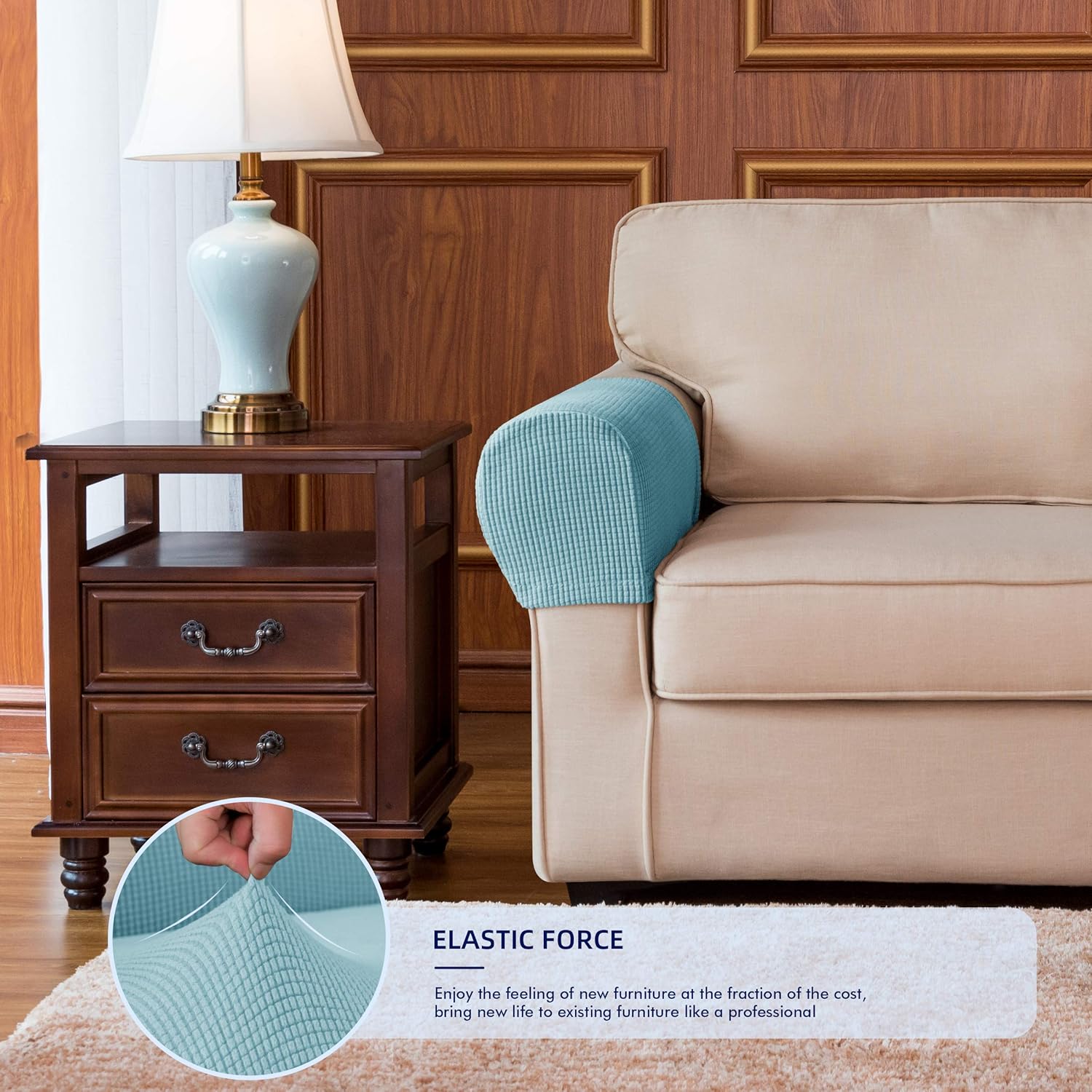 subrtex Spandex Stretch Fabric Armrest Covers Anti-Slip Furniture Protector Armchair Slipcovers for Recliner Sofa Set of 2 with Free Fixing Tools Twist Pins (Steel, Two Pieces, 2pcs, light blue