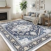 OPPODREAM Soft Area Rugs 8x10, Persian-Inspired Washable Rug, Blue & Gold | Low-Pile Faux Cashmere Surface, TPR Non-Slip Backing, 8 x 10 Carpet for Bedroom, Office, Dorm, Dining Room