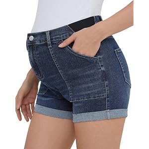 AMPOSH Maternity Jean Shorts Side Panel Denim Jorts with Pockets Stretch Adjustable Waist Summer Pregnancy Postpartum