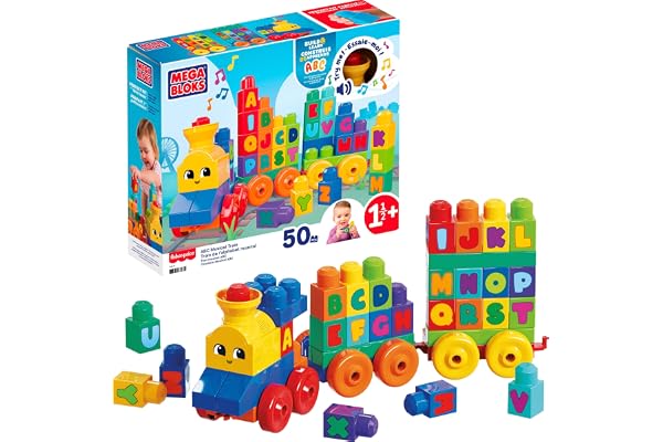 MEGA BLOKS First Builders ABC Musical Train Toddler Building Blocks Toy | 50 Pieces Featuring ABC Blocks, Music and Sounds, R