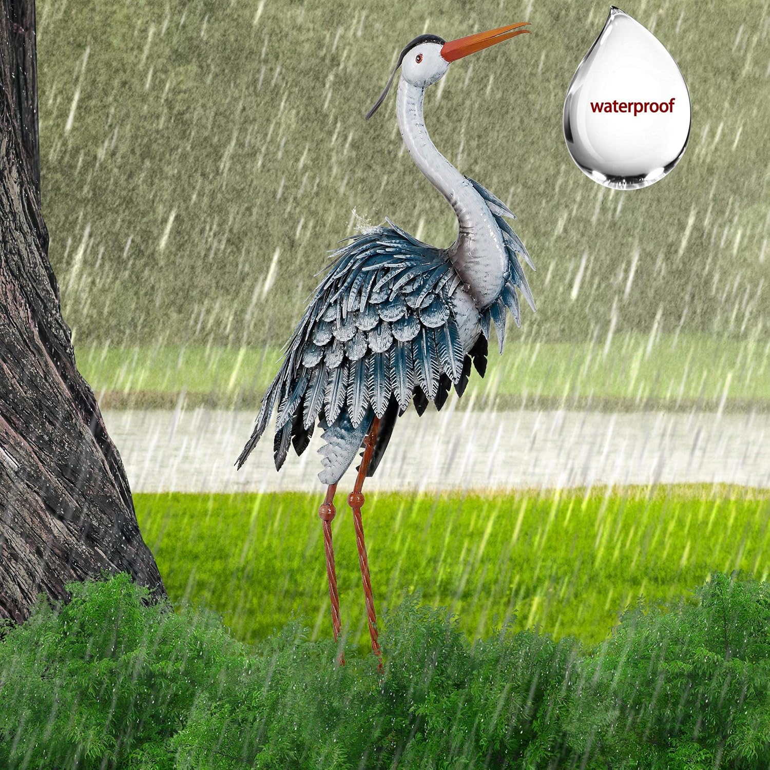 TERESA'S COLLECTIONS 33.8 inch Metal Blue Heron Garden Sculptures and Statues, Standing Crane Yard Art for Outdoor Decor, Bird Lawn Ornaments for Pond Porch Patio Decorations: Kitchen & Dining