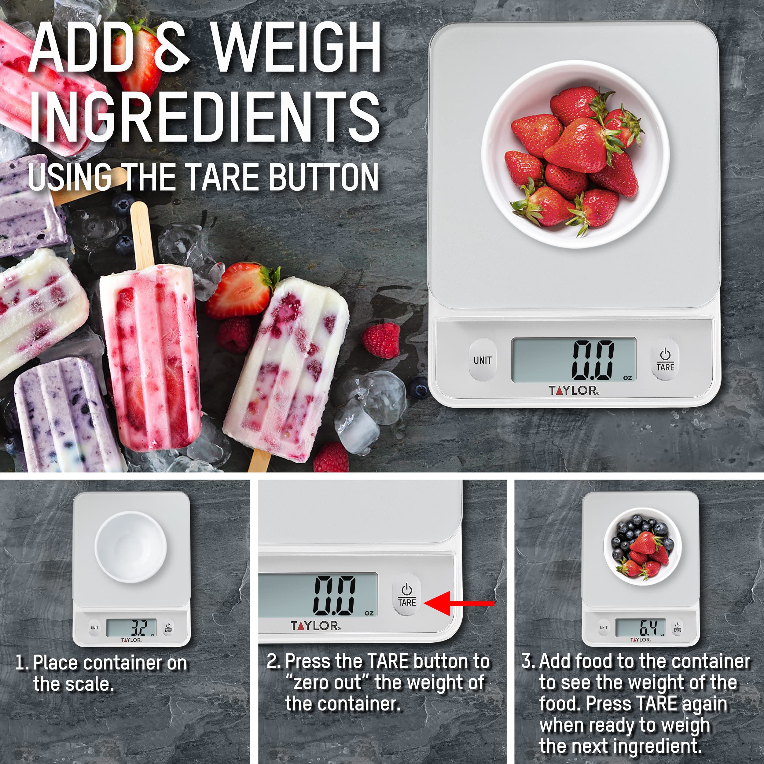 Taylor Glass Top Food Scale with Touch Controls, 11 lb Capacity, Sleek Silver Design, Accurate and Easy-to-Use Scale for Cooking and Baking