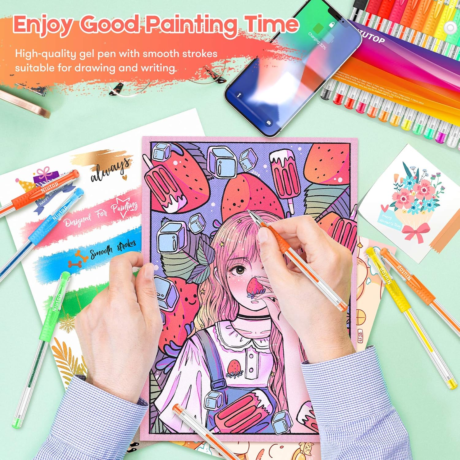 Gel Pens for Adult Coloring Books, 32 Colors Gel Marker Set Colored Pen with 40% More Ink for Kids Drawing, Doodling, Bullet Journaling, Crafts Scrapbooks and Taking Note : Office Products