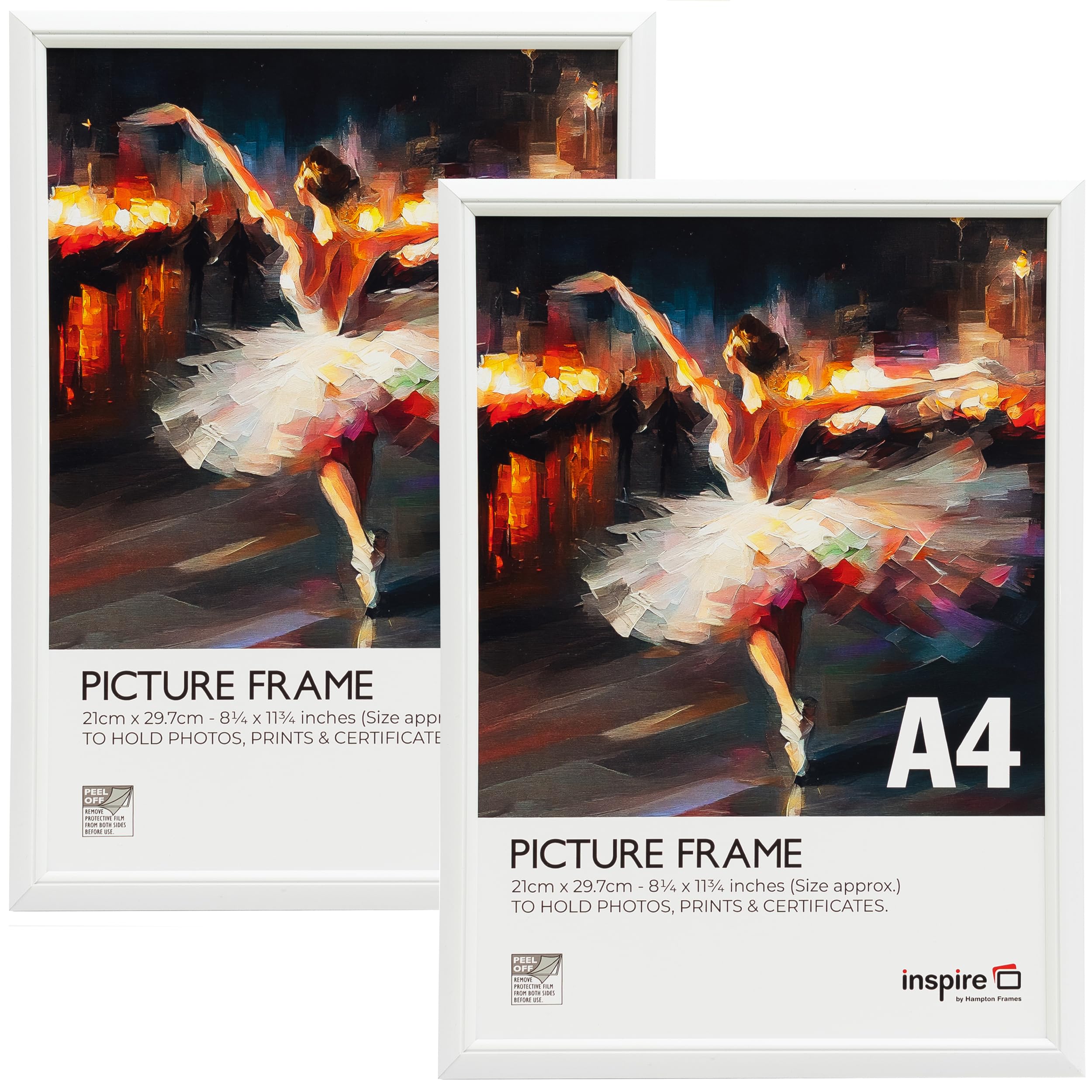 inspire by Hampton Frames | Picture Poster Frame | A4 (21x30cm), White, Plastic, 2-Pack | Foil Wrapped, Acrylic Front, Wall Mount or Freestanding | Display Photos, Certificates