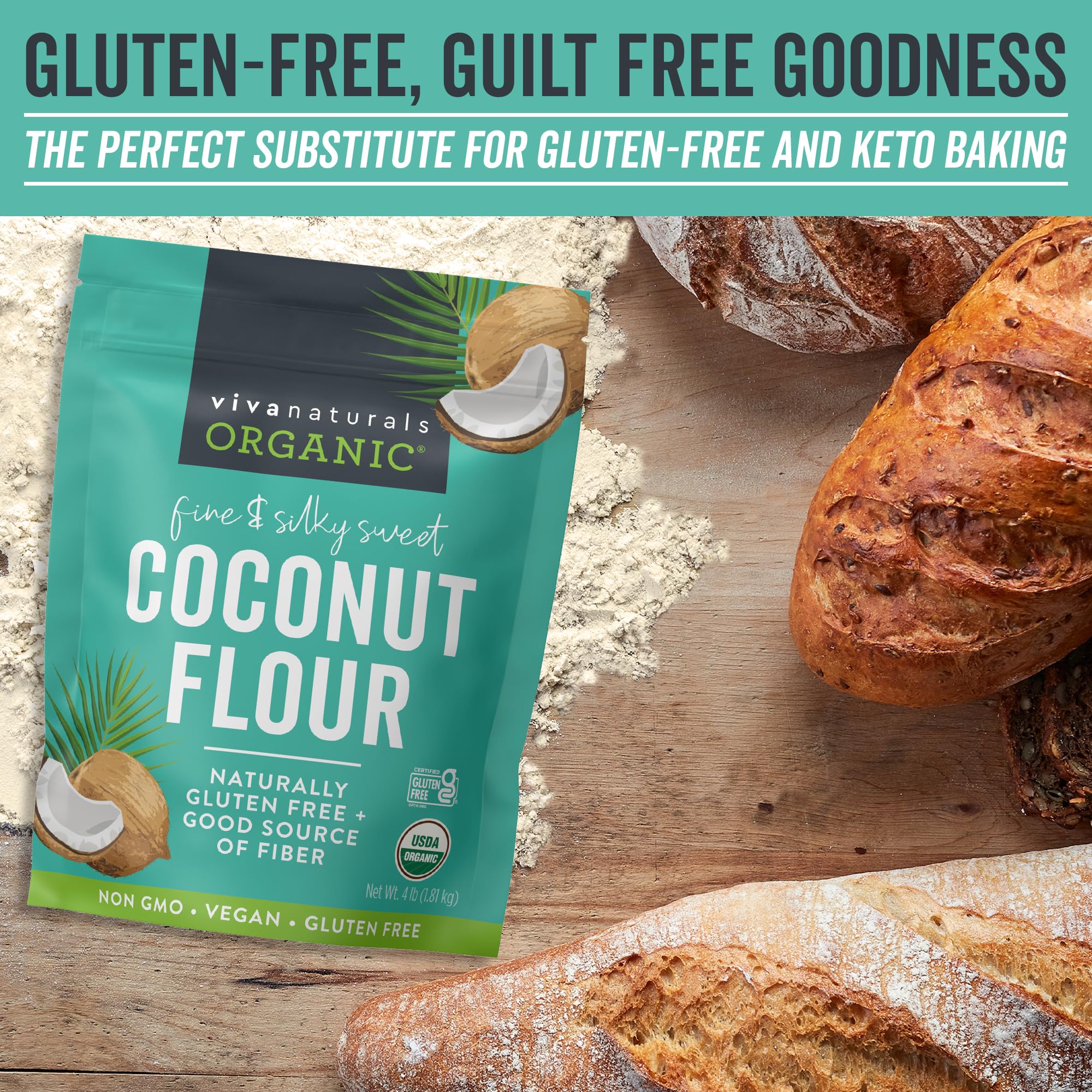 Viva Naturals Organic Coconut Flour (4 lbs) - Gluten Free Flour Substitute for Keto, Paleo and Vegan Baking, Low Fat and Good Source of Fiber Coconut Baking Flour, Non-GMO, Unbleached and Unrefined, 1.81 kg