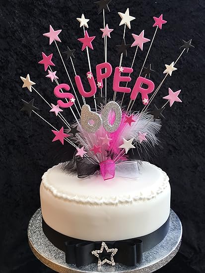 Karen S Cake Toppers Super 60 Geburtstag Kuchen Mit Glitzernder Nummer Marabou Federn Plus 1 M X Schwarz Satinband Mit Strass Stern Schnalle Amazon De Kuche Haushalt