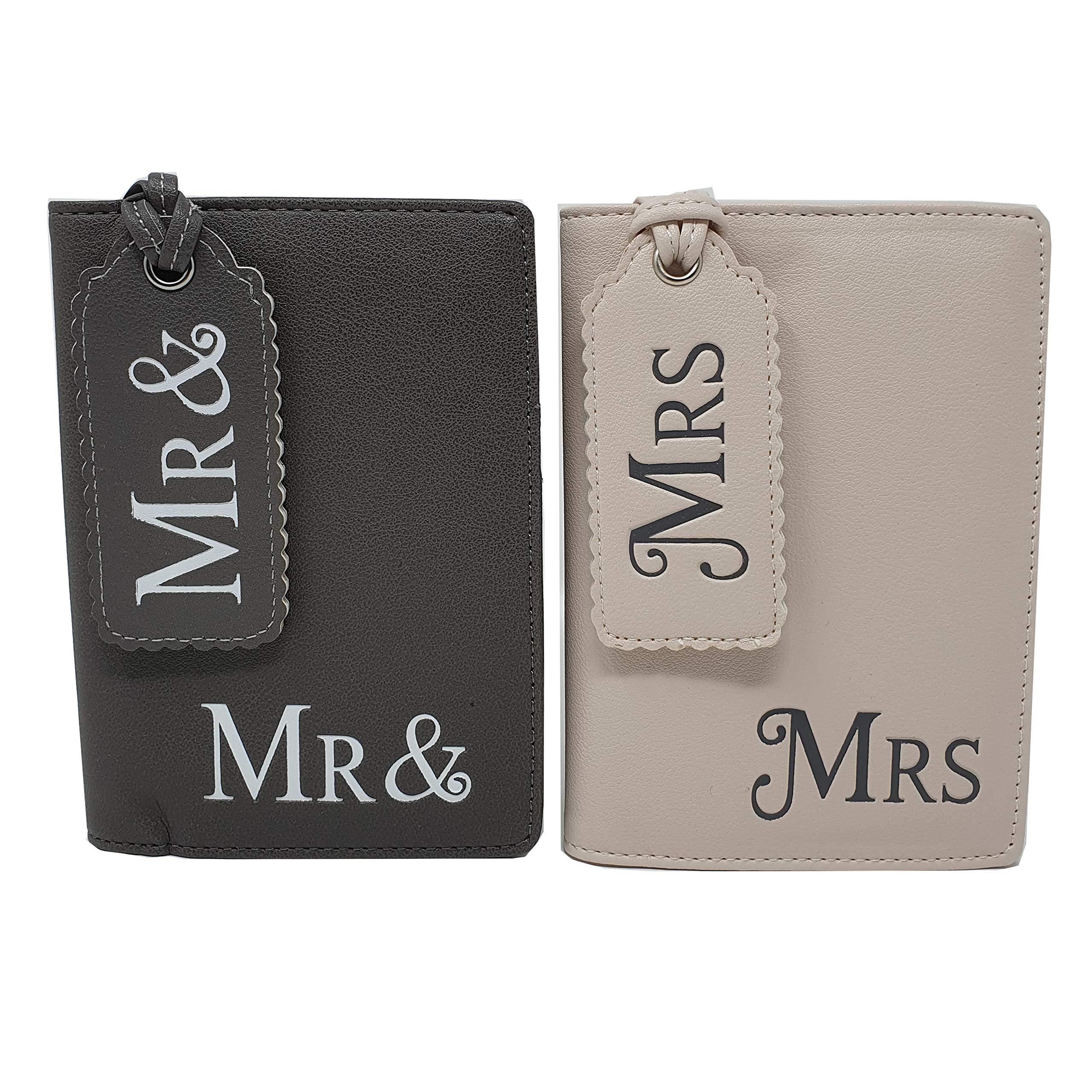 J&R Boutique Mr & Mrs Passport Covers with Luggage Tags. Wedding and Honeymoon Bridal Present - Comes in The Gift Box - Grey & Cream (Beige & Grey)