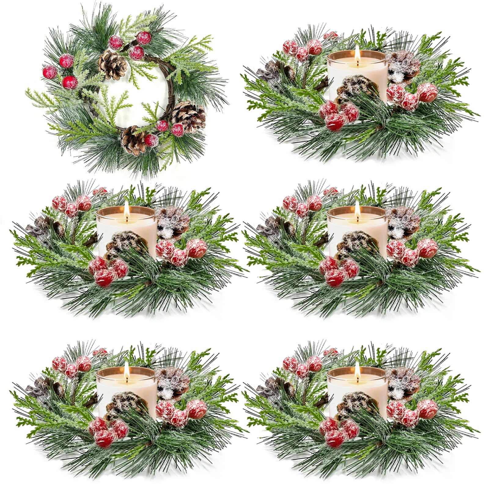 Photo 1 of [Snowy] 6 Pcs 9"x3.5" Christmas Candle Rings Wreaths for Kitchen, Mini Wreath with Cypress Snowy Pinecone & Pine Branche Red Berry Christmas Candle Ring Holder for Home Table Centerpiece Decor