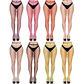 Yahenda Women 8 Pairs Fishnet Stockings High Waist Thigh Mesh Pantyhose Halloween Cosplay Costumefe Tights, Black, White, Pink, Rose Red, Yellow, Green, Red, Purple, Medium