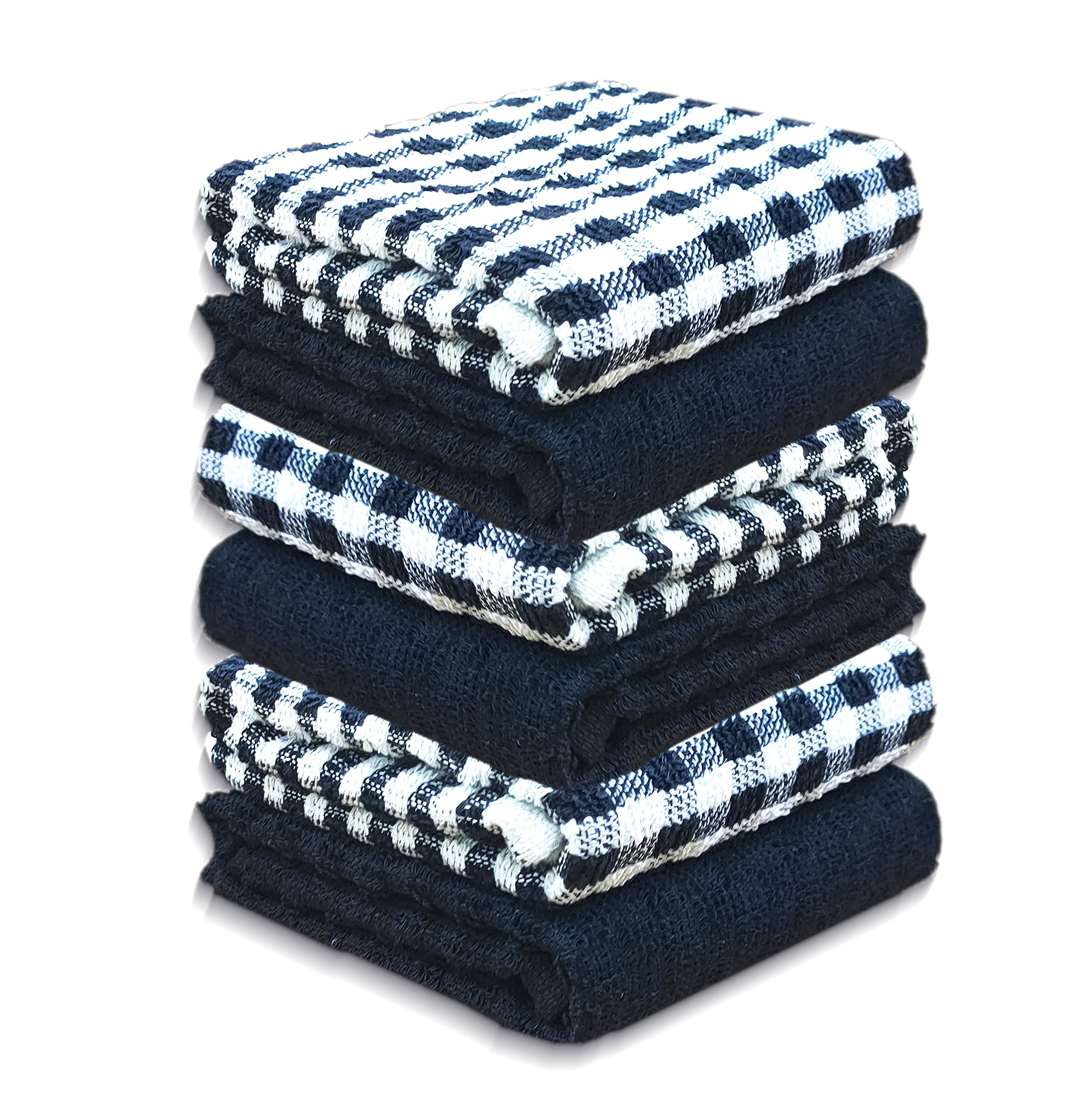 A & B TRADERS 100% Cotton Terry Tea Towels Packs (Sets of 2, 3, 6, 12 or 15) Egyptian Mono Check Superdry Soft Professional Hotel Quality Kitchen Dish Cloth (Black, 6)