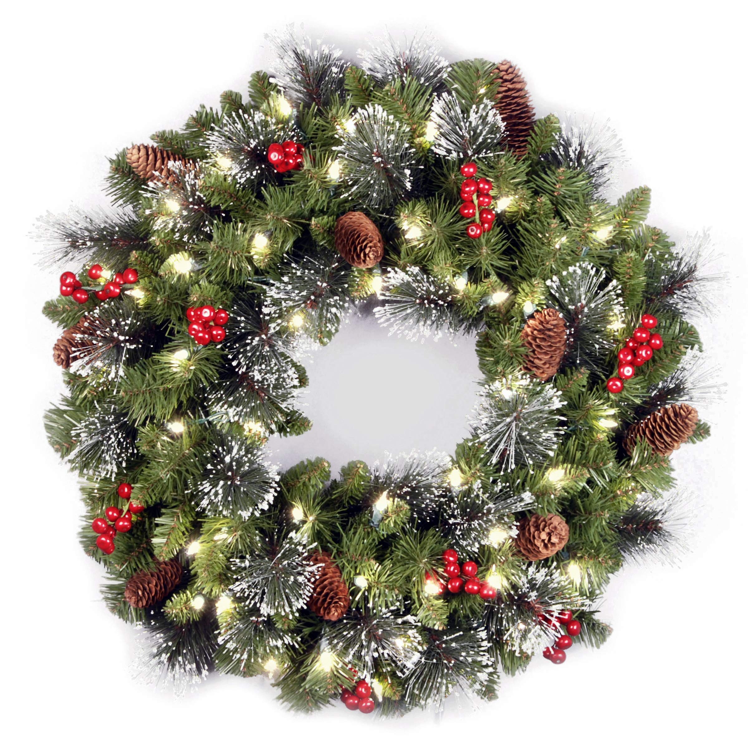 Photo 1 of ***used***National Tree Company 24 in Pre-Lit Crestwood Spruce Artificial Christmas Wreath, Christmas Decoration with Glitter, Pinecones, Red Berries, 50 Clear LED Lights, 160 Tips, Timer, Green