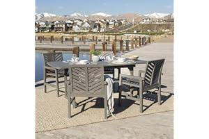 Walker Edison 4-6 Person Outdoor Wood Chevron Back Patio Furniture Dining Set Extendable Table Chairs All Weather Backyard Conversation Garden Poolside Balcony, 5 Piece, Grey