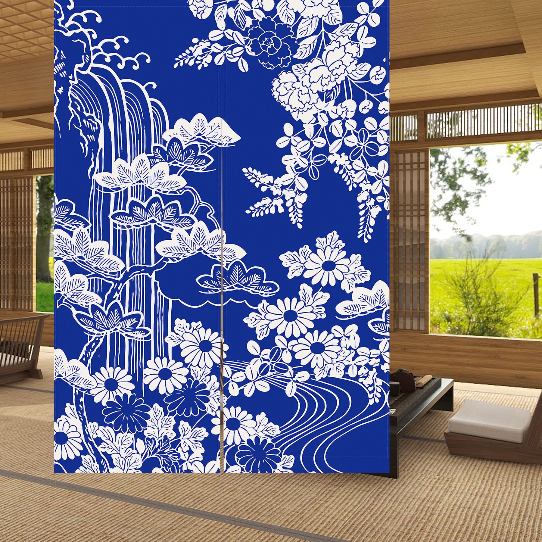 LIGICKY Japanese Style Noren Doorway Curtains Thick Cotton Linen Long Type Printed Door Hanging Tapestries for Home Decoration 33.5 x 47.2 inch, Blue (Chrysanthemum)