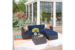 PHI VILLA Outdoor Patio Rattan Sectional Sofa- Patio Wicker Furniture Sofa Set 5-Piece, Blue