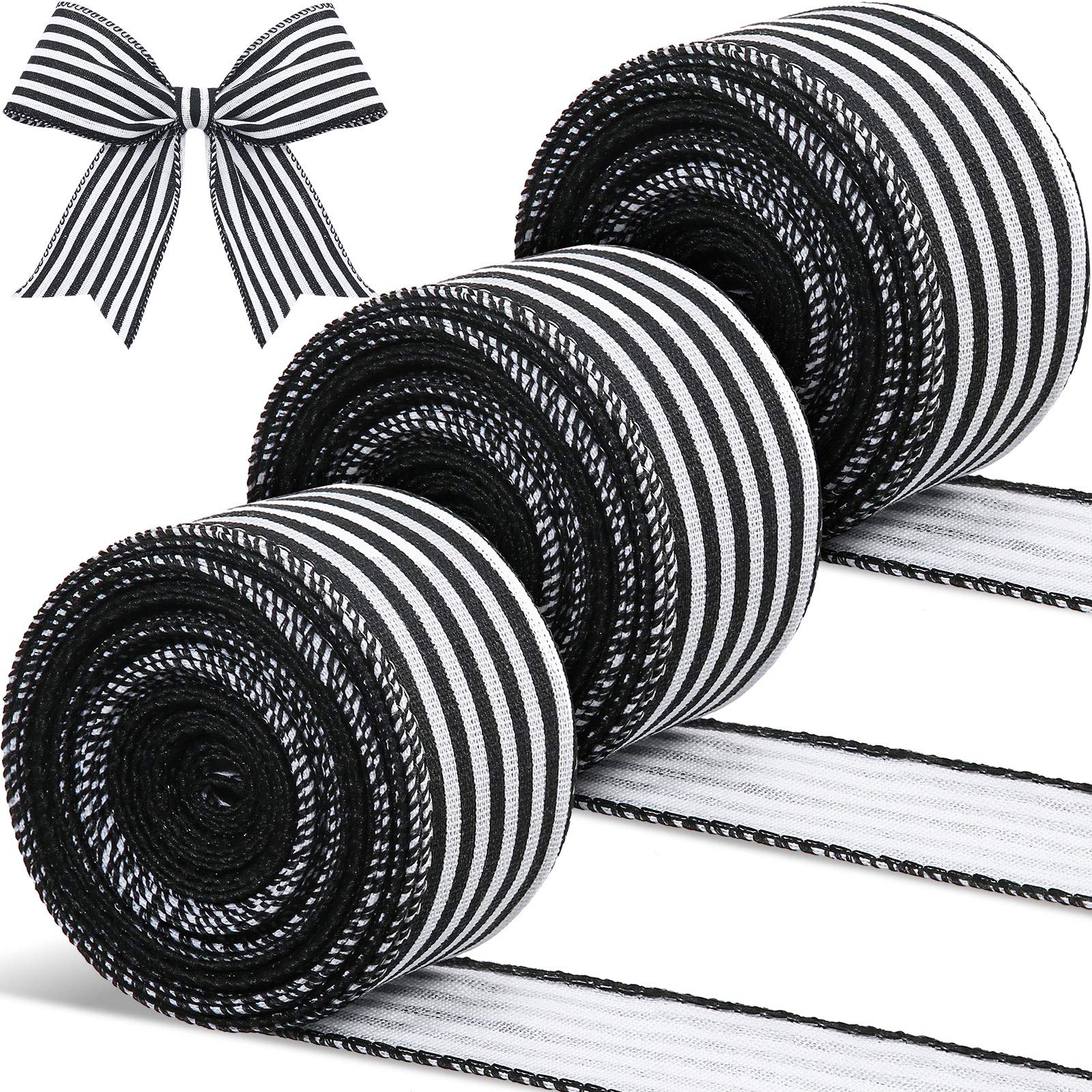 Photo 1 of 3 Rolls 30 Yard x 2 Inch Striped Ribbon Fabric Grosgrain Ribbon Craft Wrapping Striped Ribbons Christmas Wired Edge Ribbons for Christmas Wrapping Embellishments(Black and White Stripe)