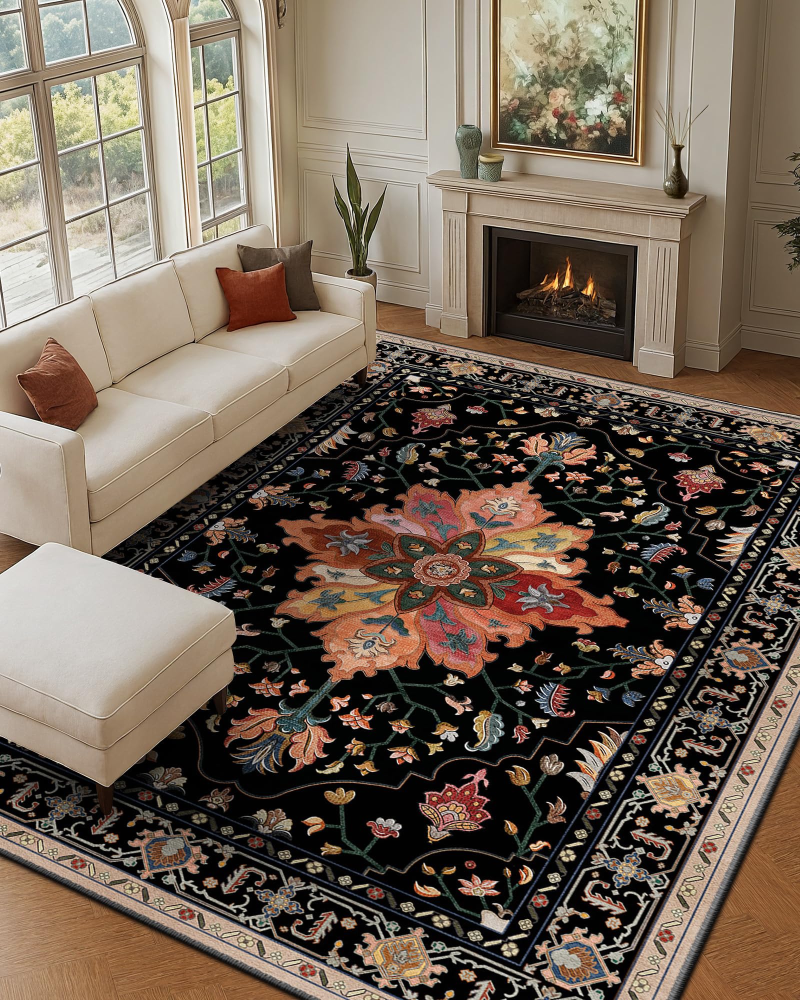RELEANY Area Rugs 9'x12' Washable Non-Slip, Floral Vintage Distress ...