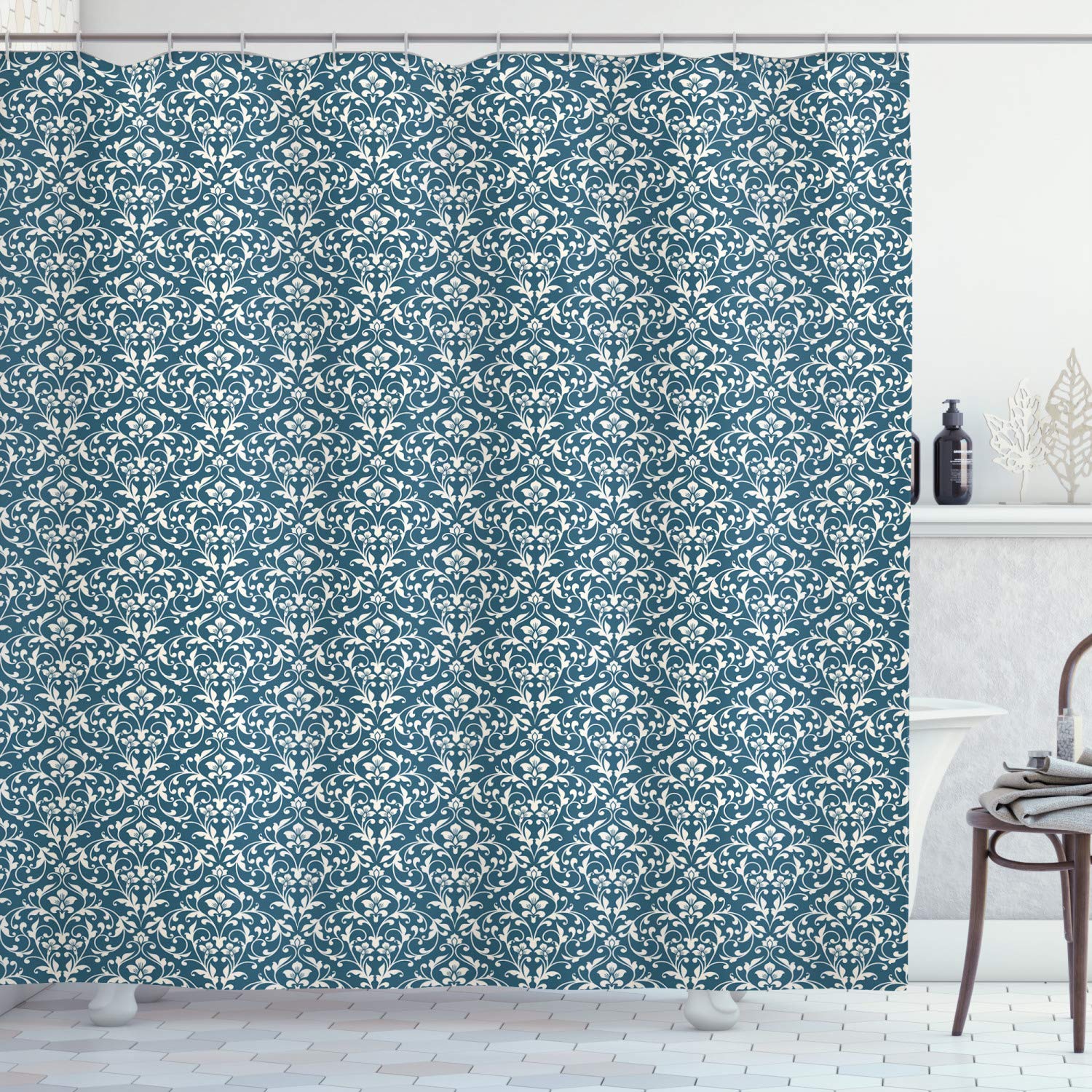 ABAKUHAUS Damask Shower Curtain, Vibrant Colored Floral Arrangement Eastern Art Style Foliage Antique Design, 86 Inches Extra Long, Night Blue Cream