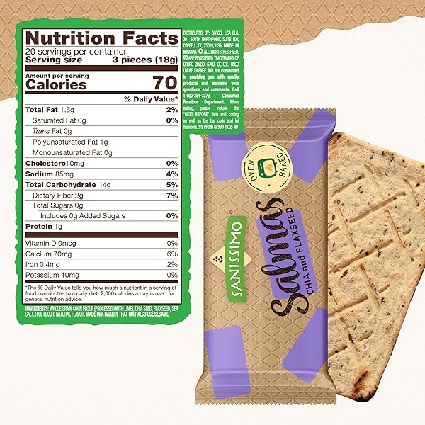 SANISSIMO SALMAS CHIA & FLAXSEED, 20 PACKS OF 3 CRACKERS, OVEN BAKED CORN CRACKERS, GLUTEN FREE, NON-GMO, KOSHER CERTIFIED