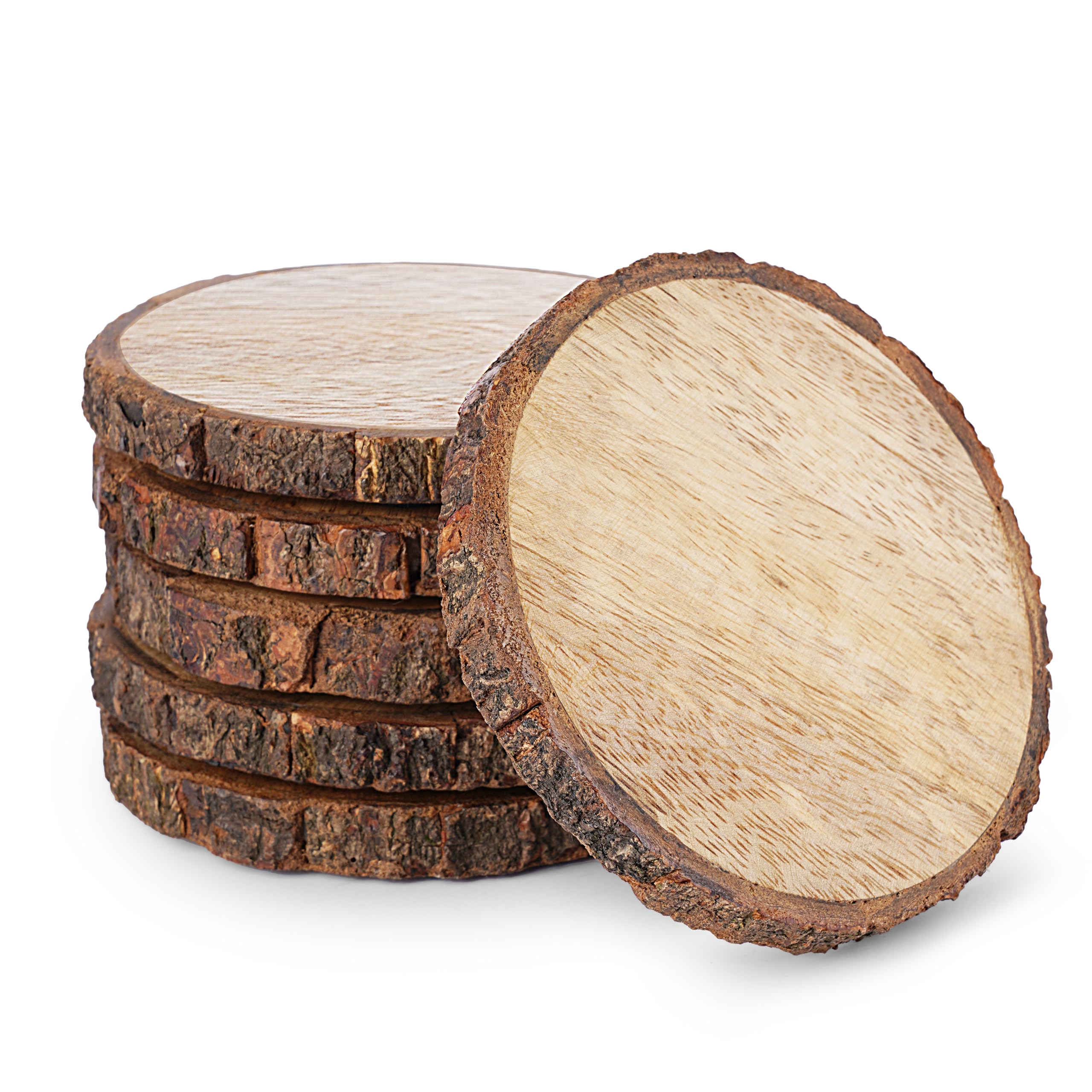 Ajuny Wooden Coasters for Drinking Set of 6 Natural Unfinished Bark-Edge Round Wood Slices 11.5 cm, Rustic Non-Slip Tabletop Protectors for Coffee Cups, Bar, Kitchen or Home Décor Crafts