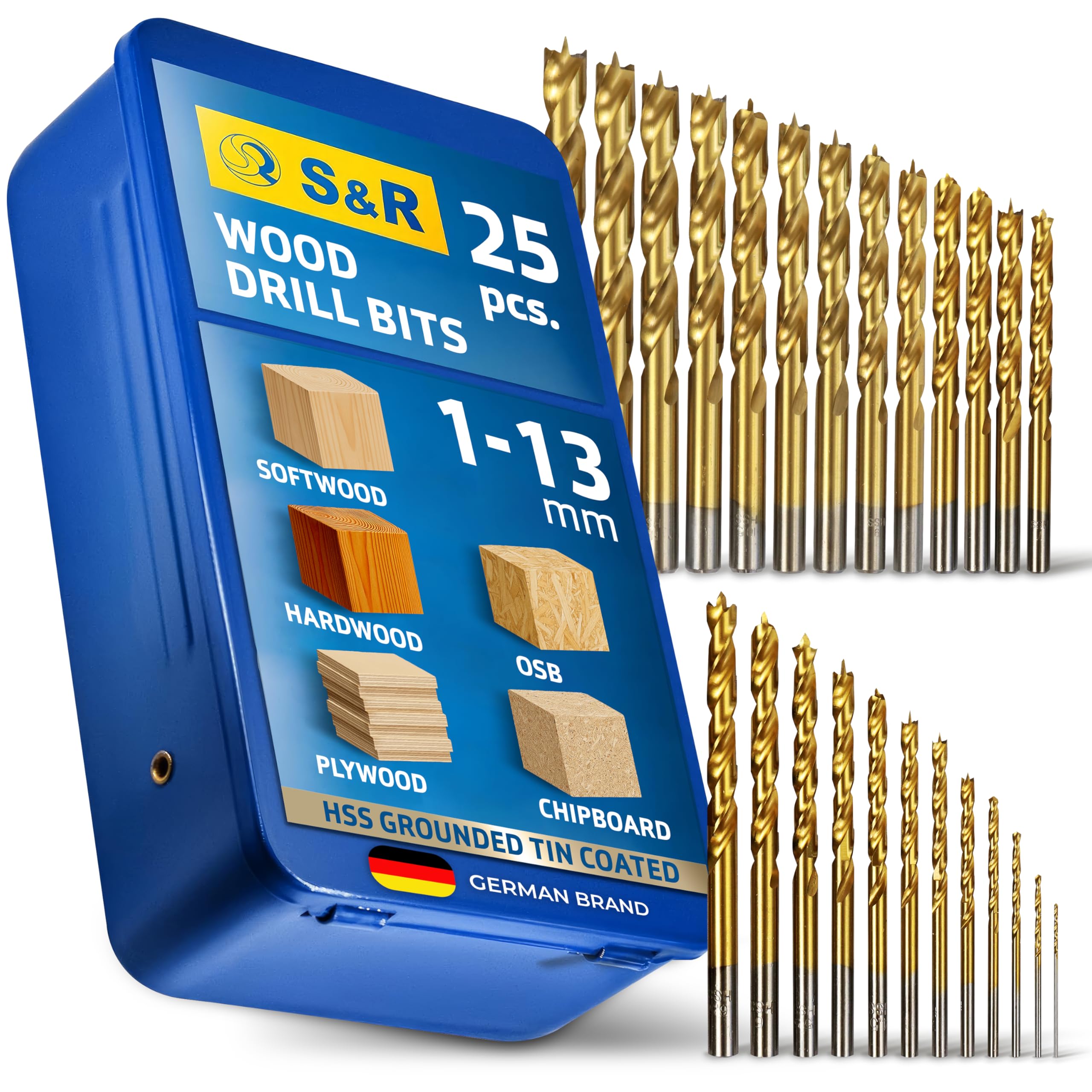 S&R 25-Piece HSS-G Wood Drill Bit Set with Titanium Nitrite Coating | 1–13 mm Twist Drill Bits for Softwood, Plywood & MDF | Center Point Precision | Metal Box Included
